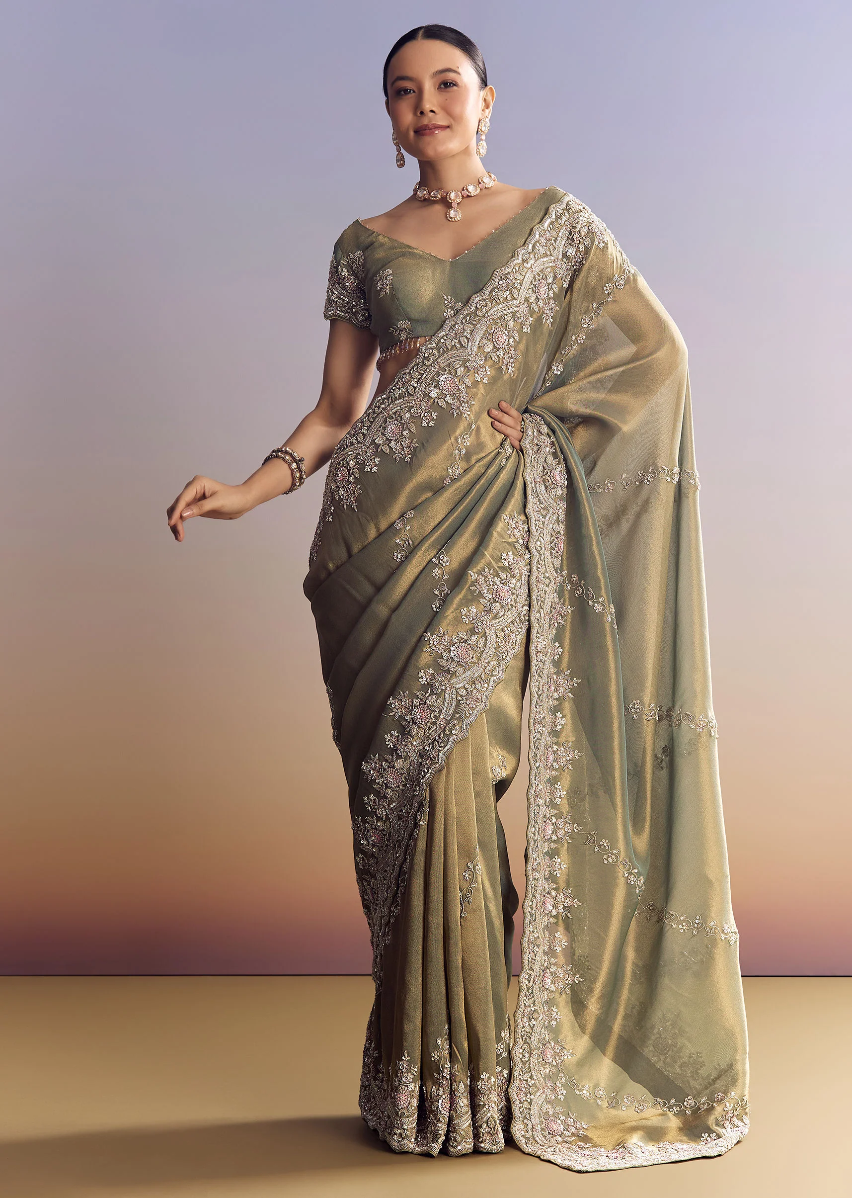 Green Shaded Tissue Saree With Embroidered Borders