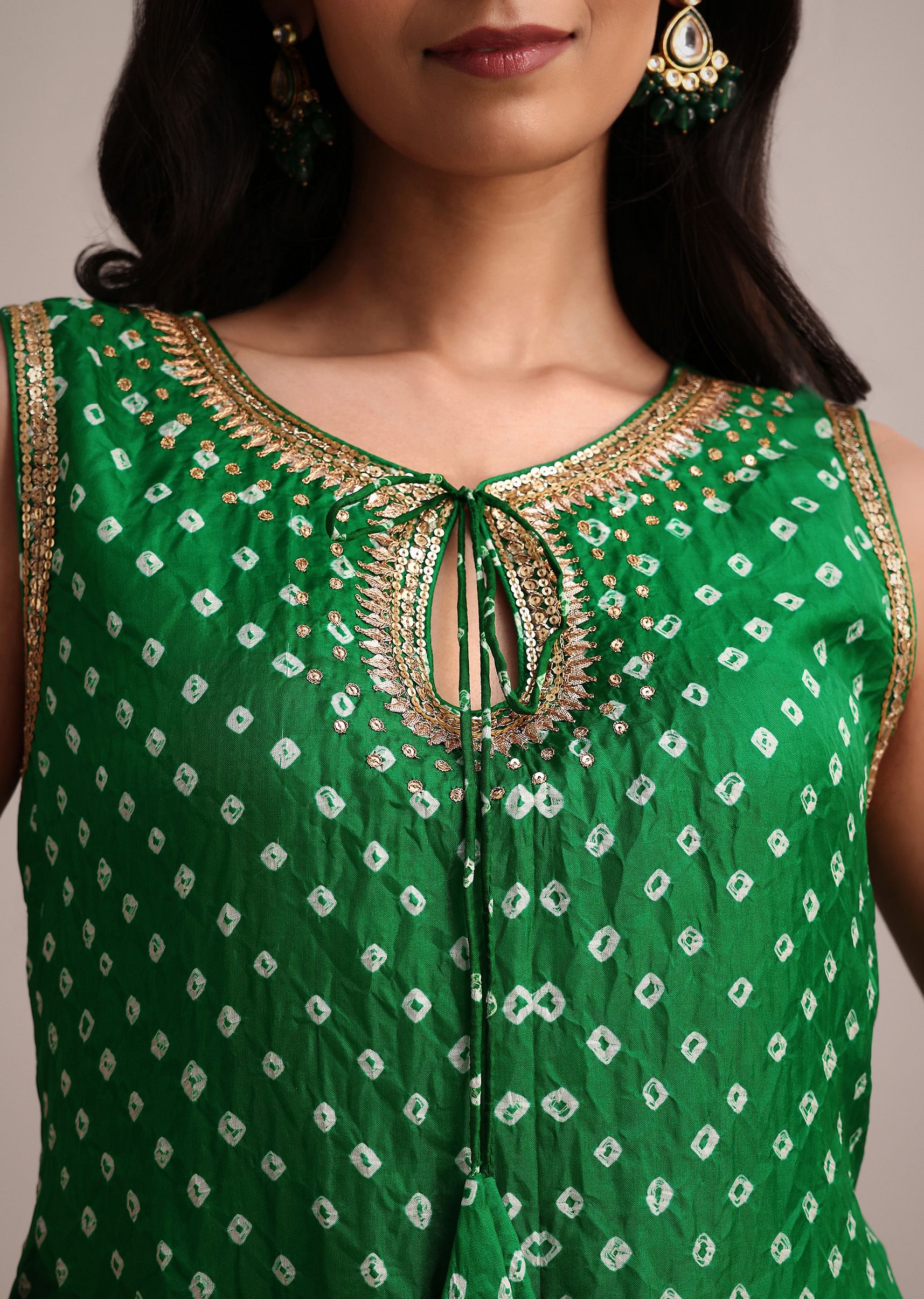 Green Silk Bandhani Print Kurta Dhoti Set - Image 2