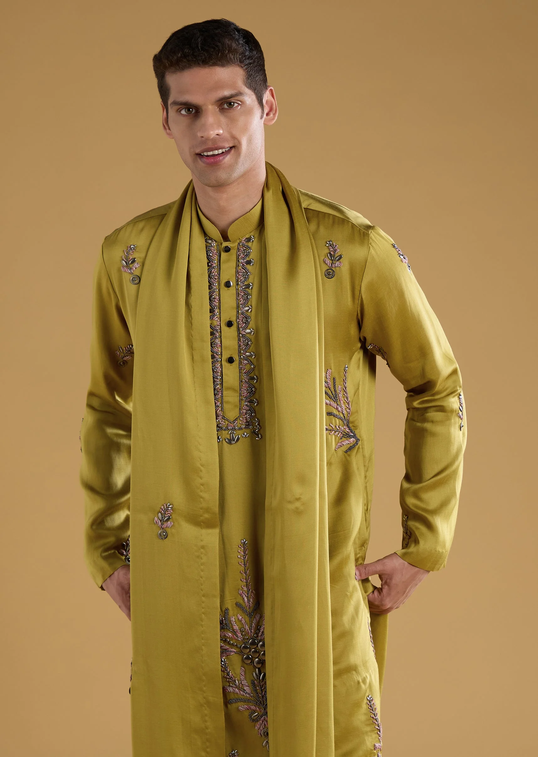 Green Silk Bead Work Men's Kurta Set with Dupatta