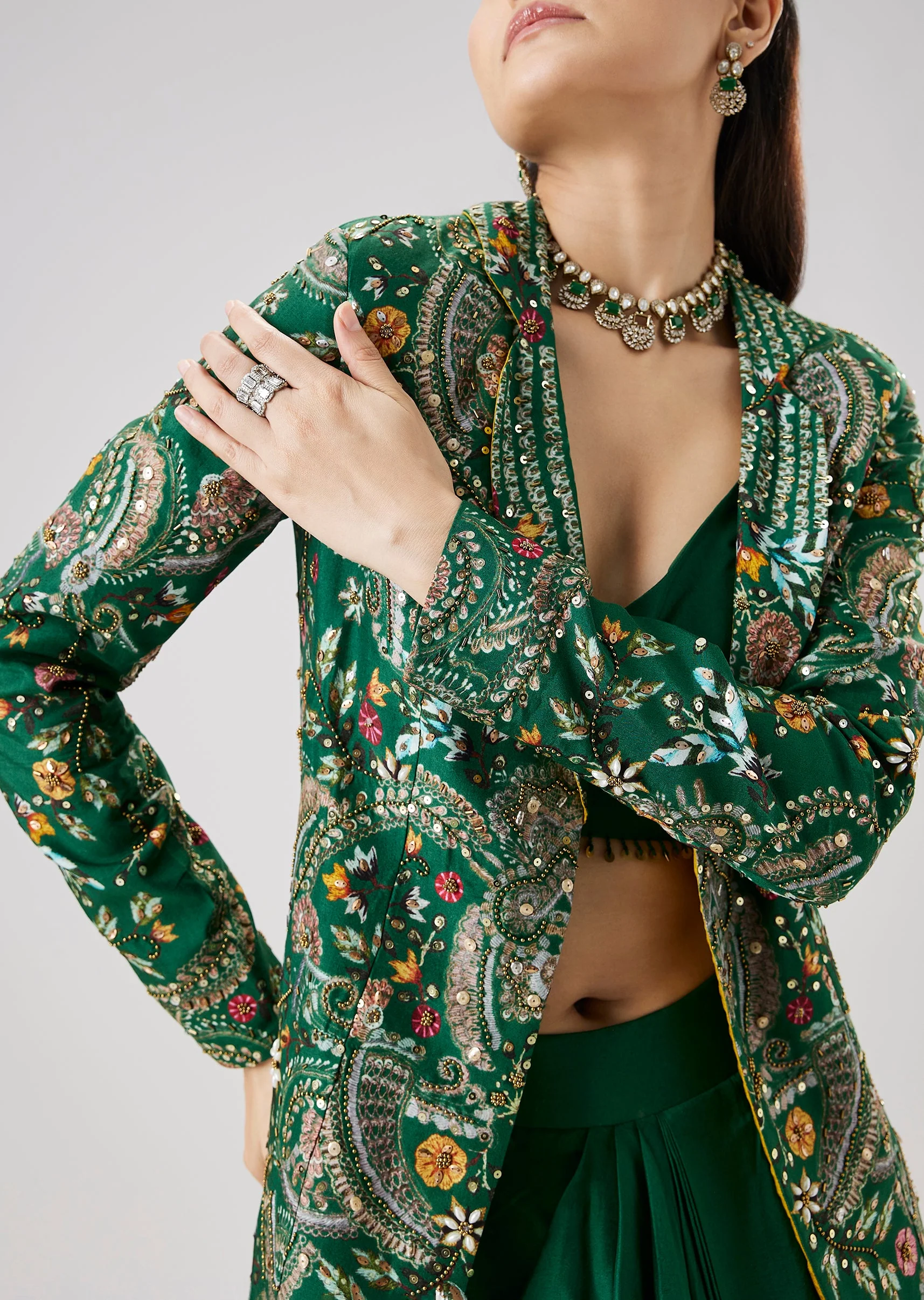 Green Silk Crop Top Skirt Set With Printed Embellished Jacket - Image 2