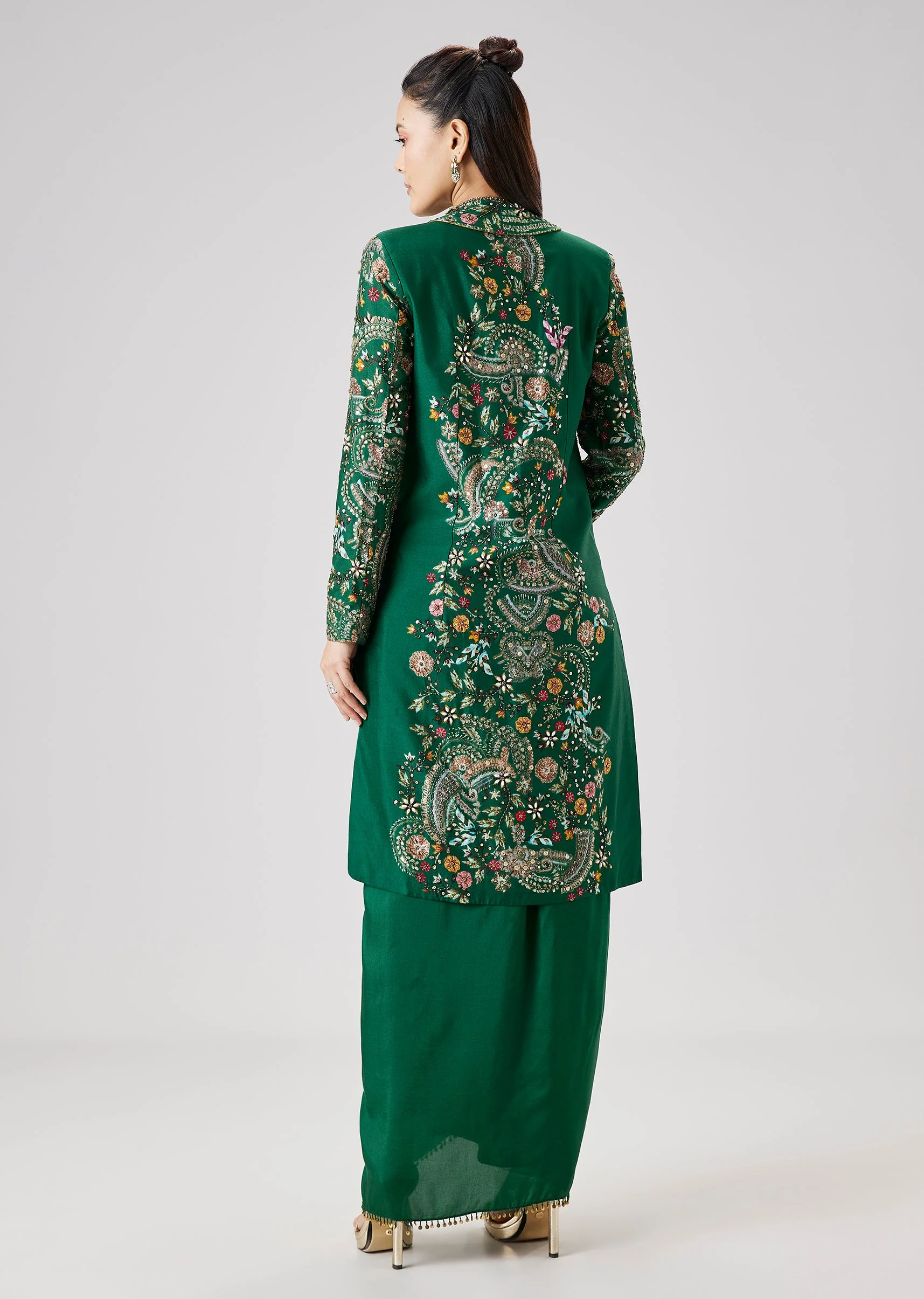 Green Silk Crop Top Skirt Set With Printed Embellished Jacket - Image 5