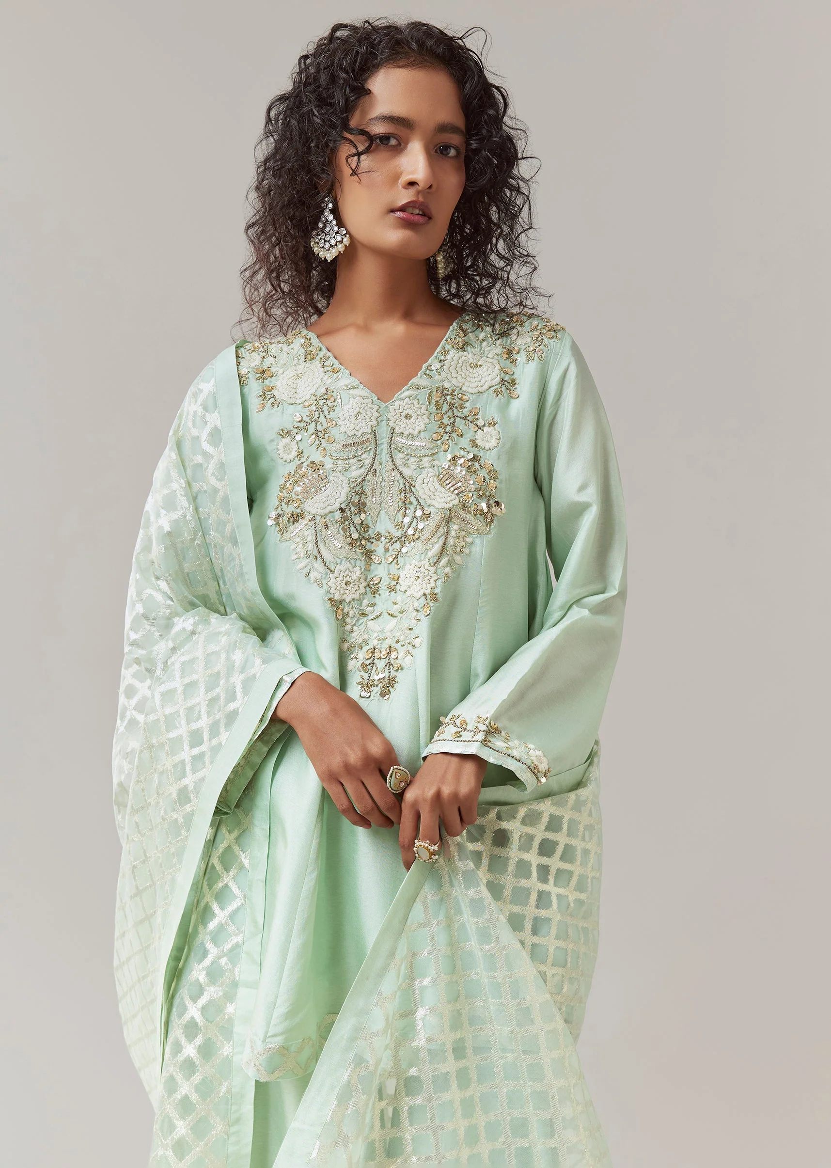 Green Silk Embroidered Kurta Sharara Set - Image 4