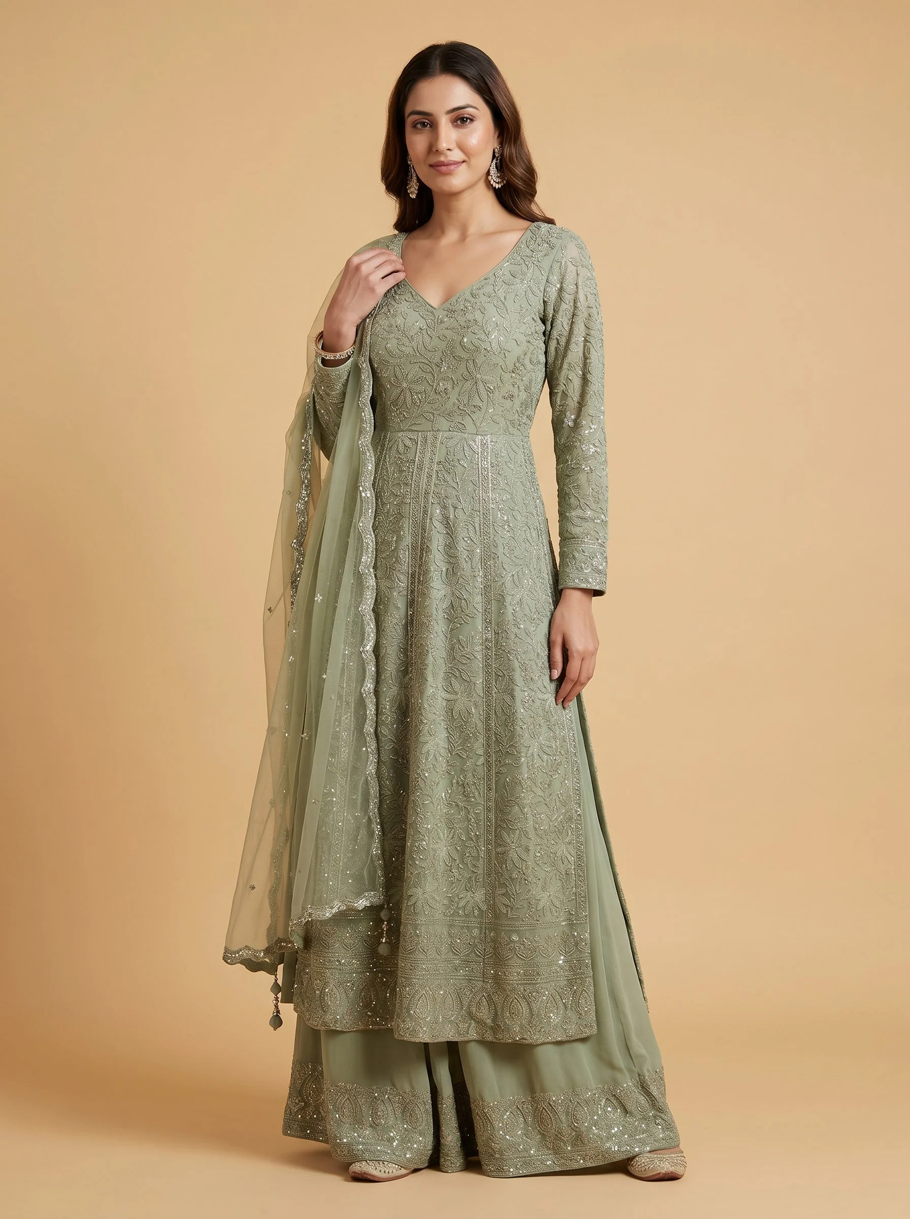 Green Silk Floral Anarkali Suit