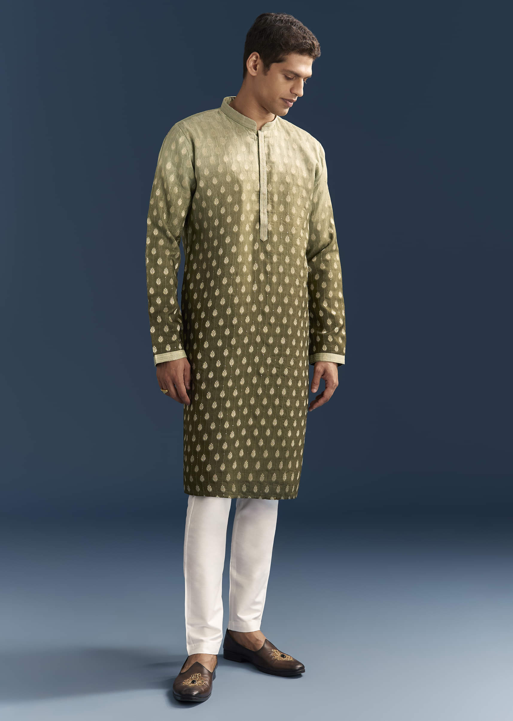 Green Silk Foil Kurta Set For Men With Sequins Embroidery - Image 3