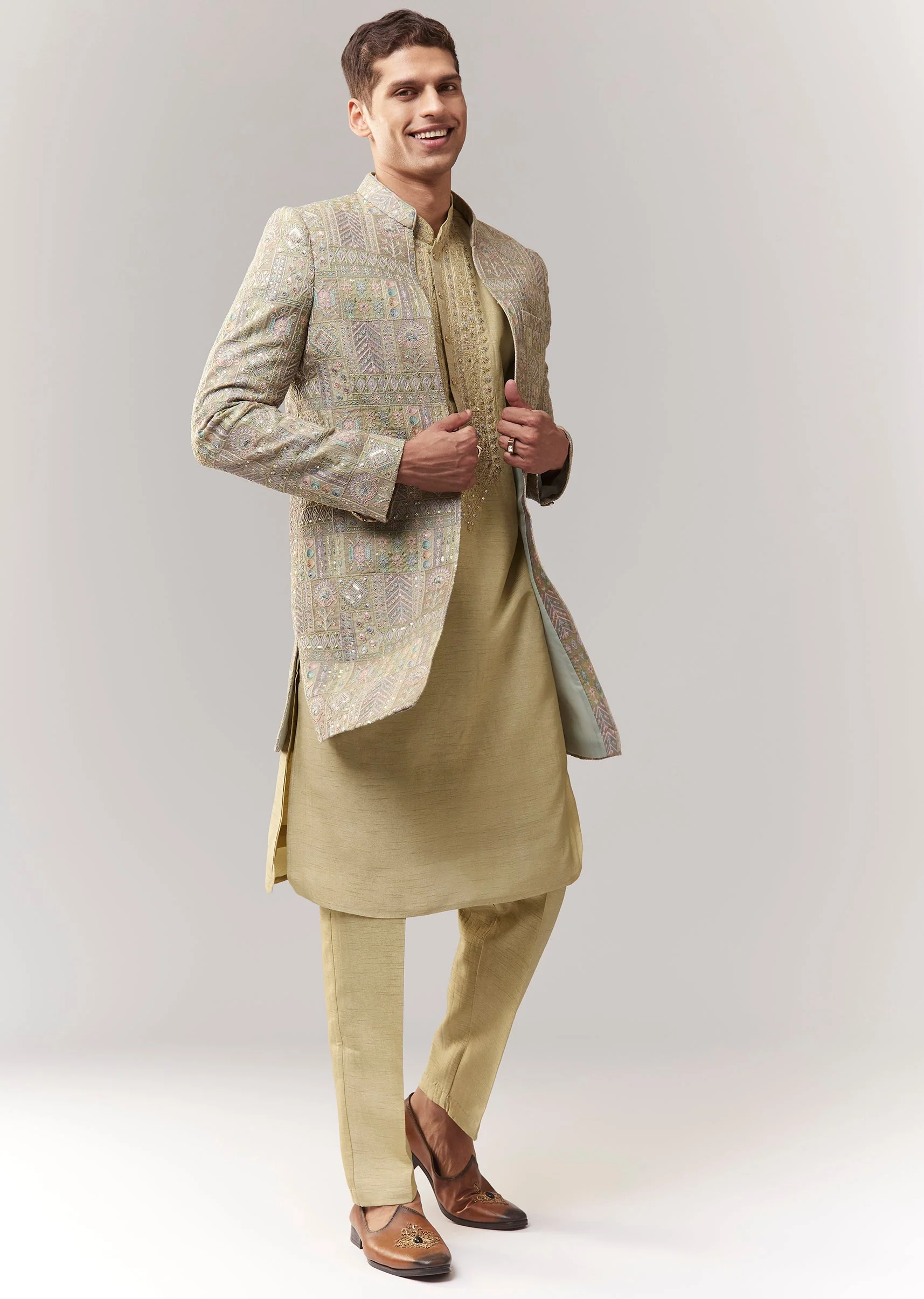 Green Silk Indo Western With Sequins And Resham Work - Image 3