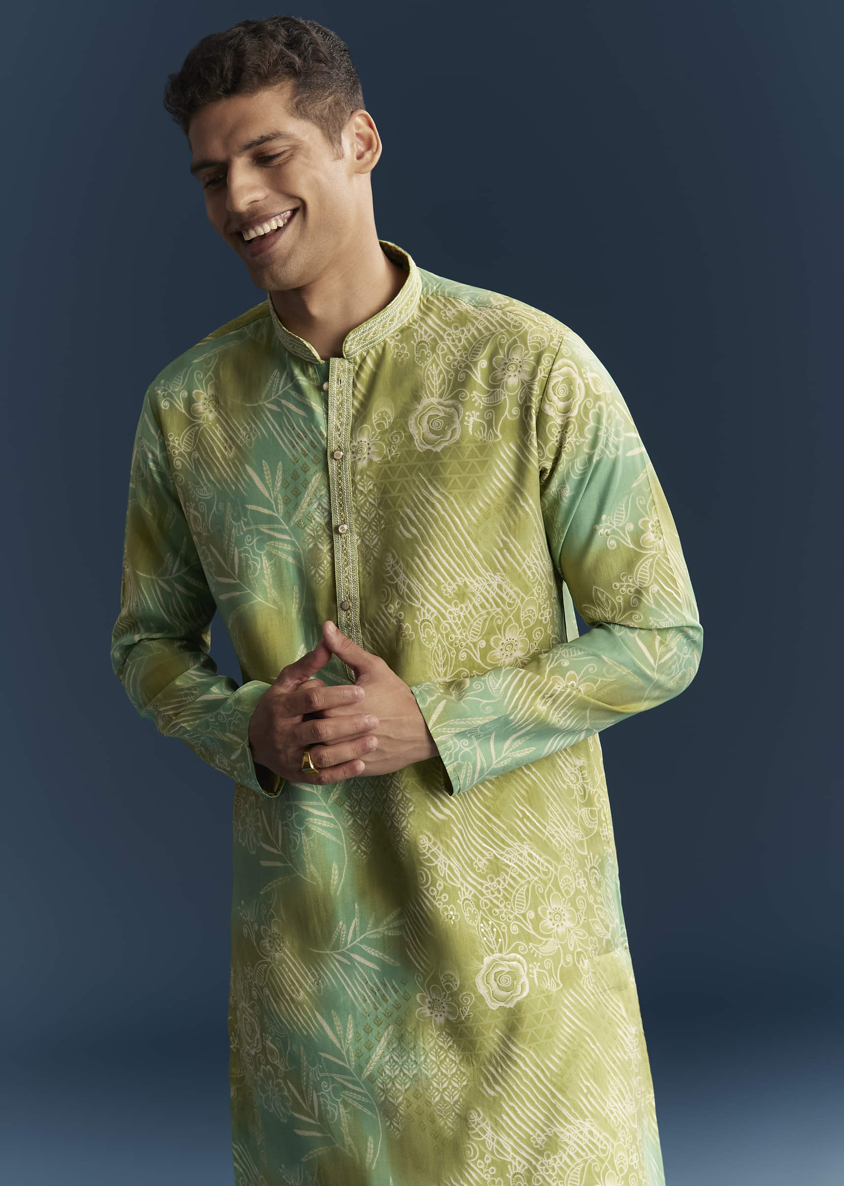 Green Silk Kurta Set For Men With Floral And Abstract Print - Image 4