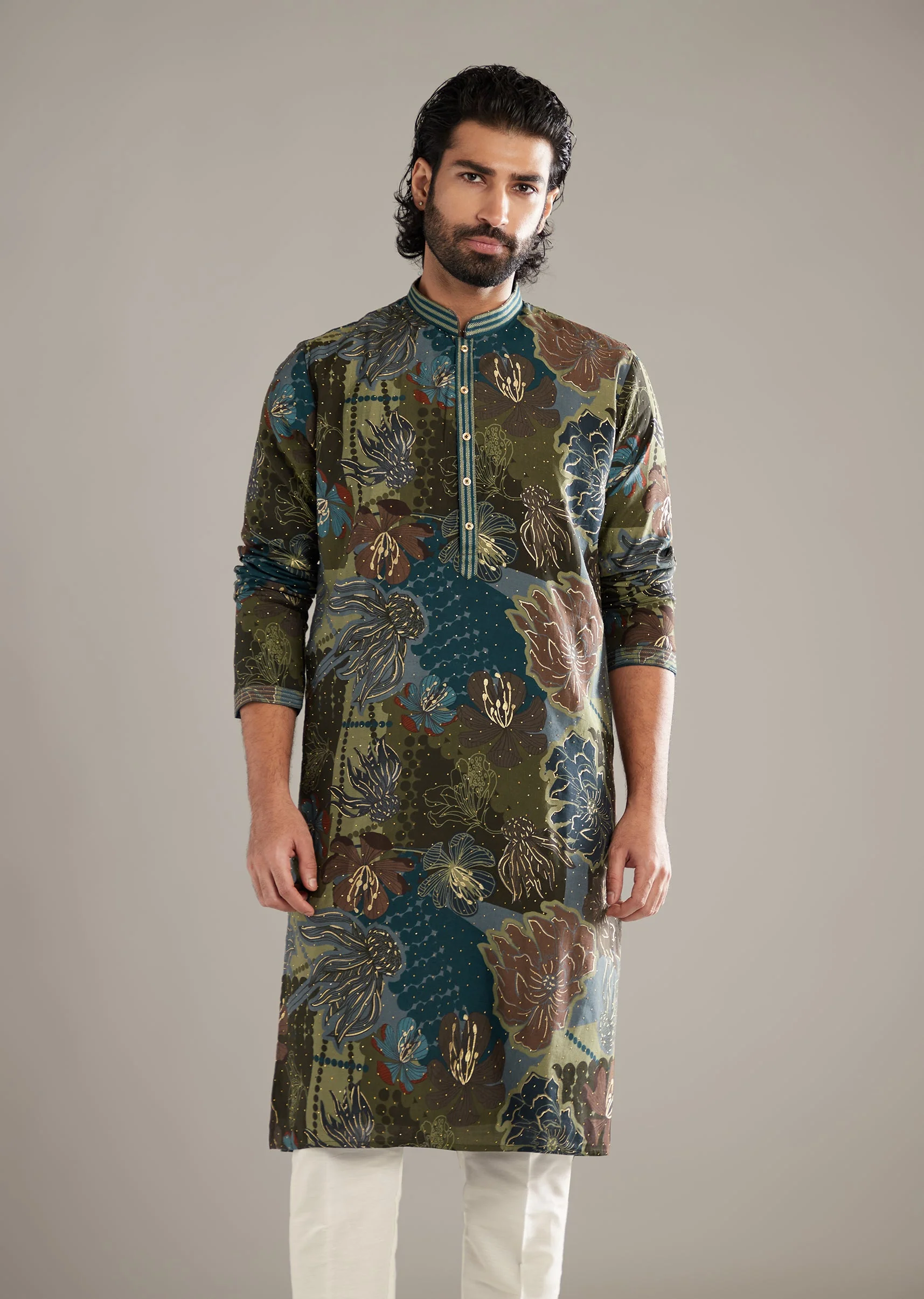 Green Silk Kurta Set For Men With Floral And Foil Print - Image 4