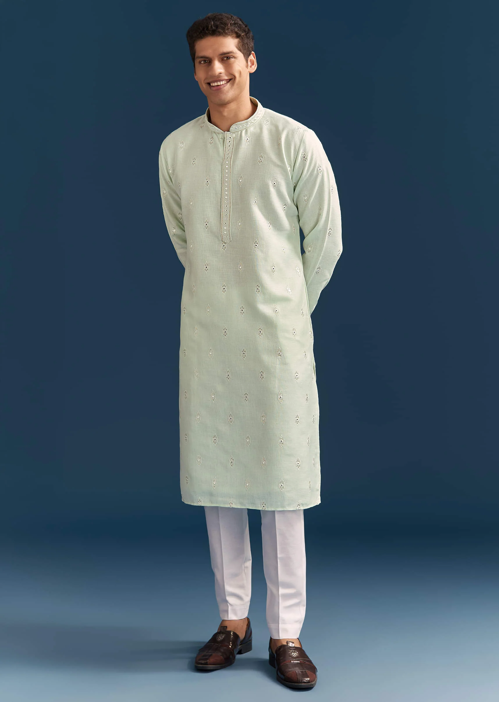 Green Silk Kurta Set For Men With Mirror Embroidery - Image 4