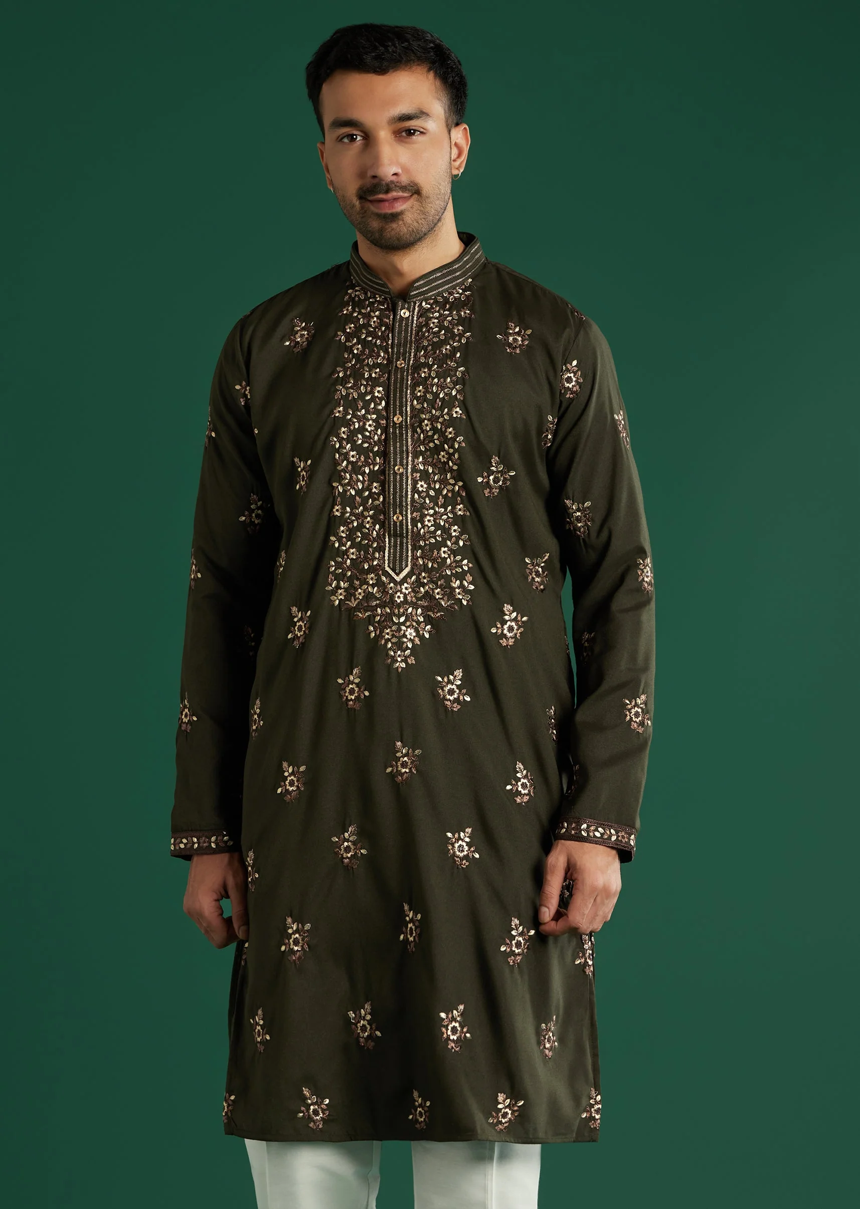 Green Silk Kurta Set For Men With Resham Hand Embroidery - Image 4