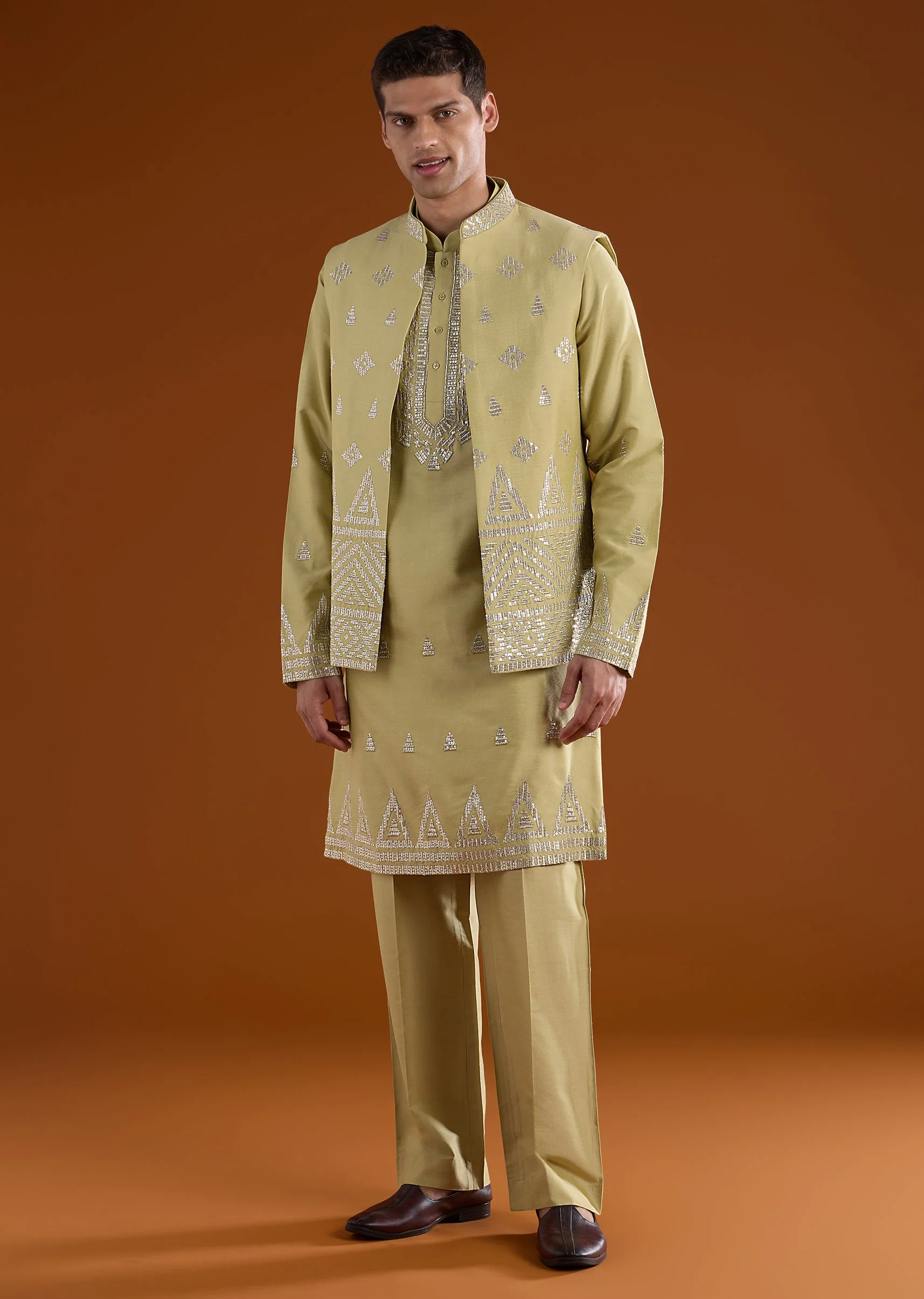 Green Silk Mens Kurta Jacket Set With Zari And Sequins Work