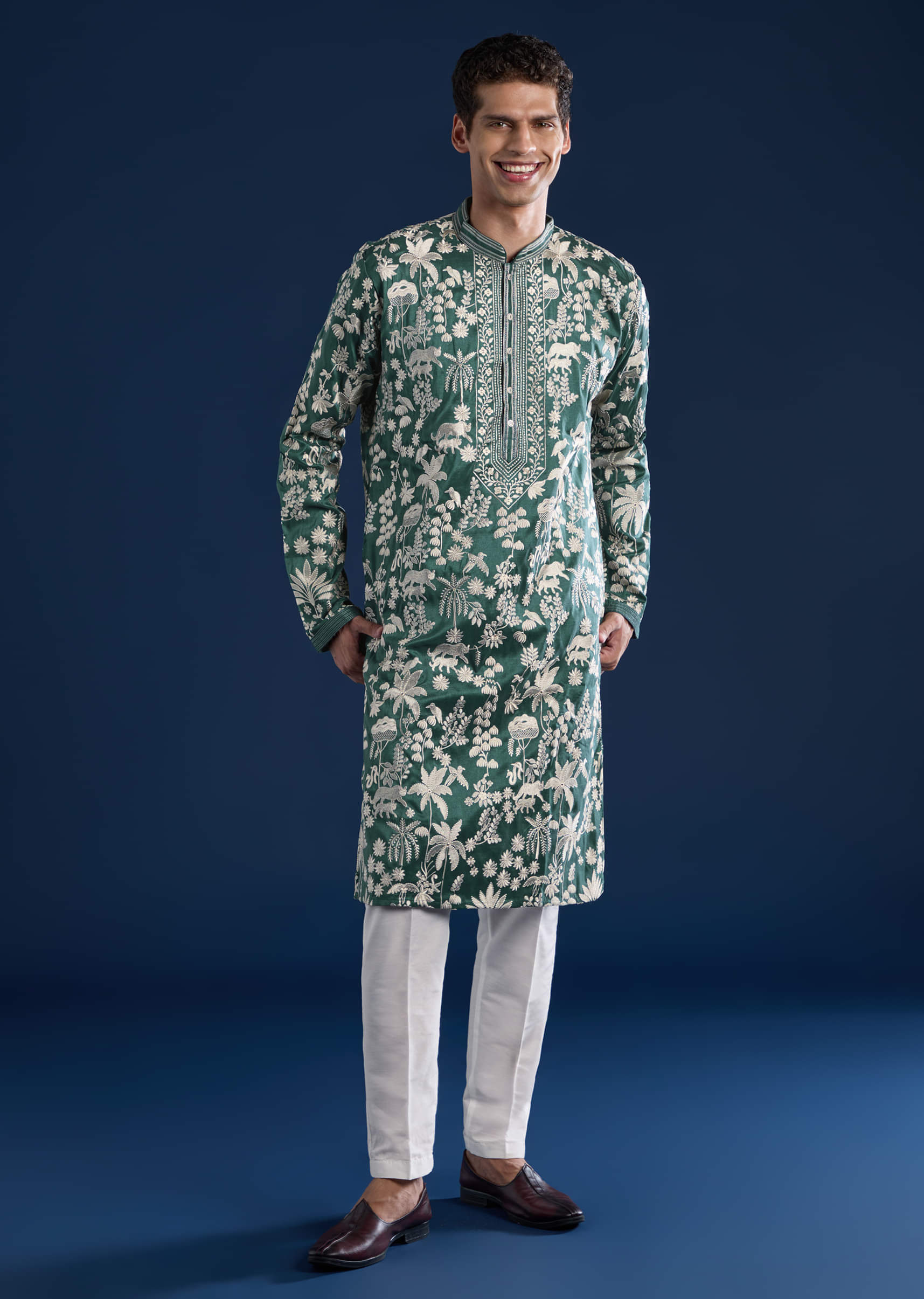 Green Silk Mirror Embellished Mens Kurta and Pant Set - Image 2