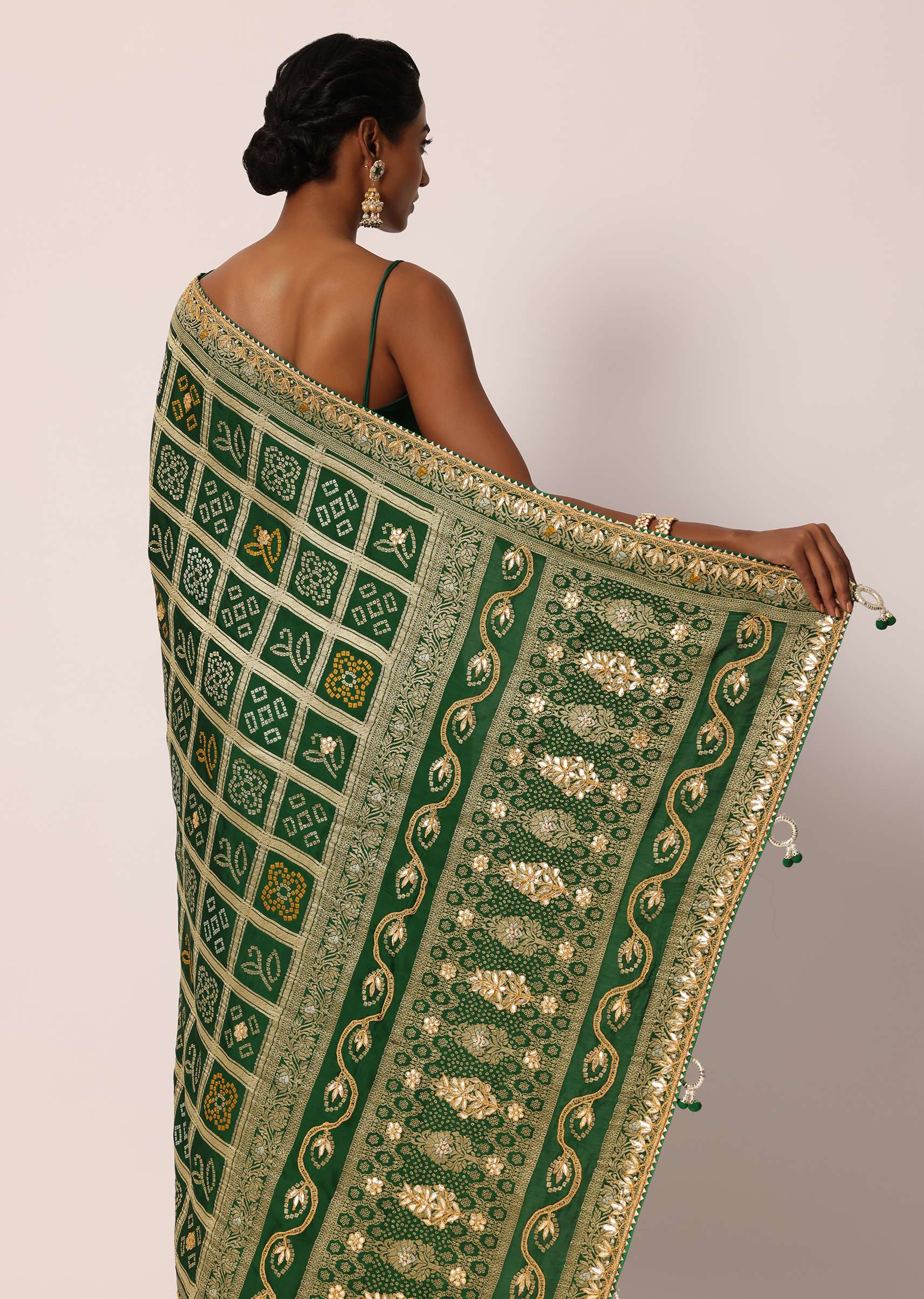 Green Silk Saree With Bandhani And Banarasi Weave And Unstitched Blouse Piece - Image 7