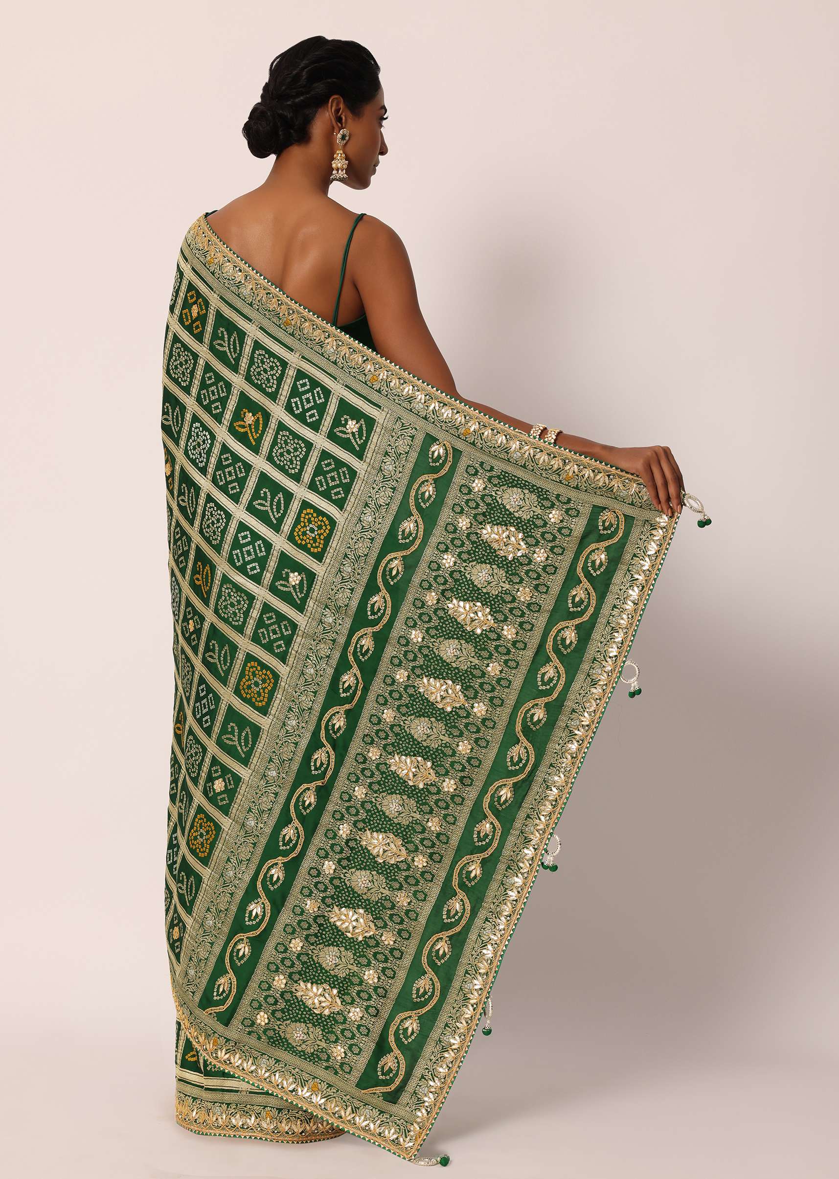 Green Silk Saree With Bandhani And Banarasi Weave And Unstitched Blouse Piece - Image 9