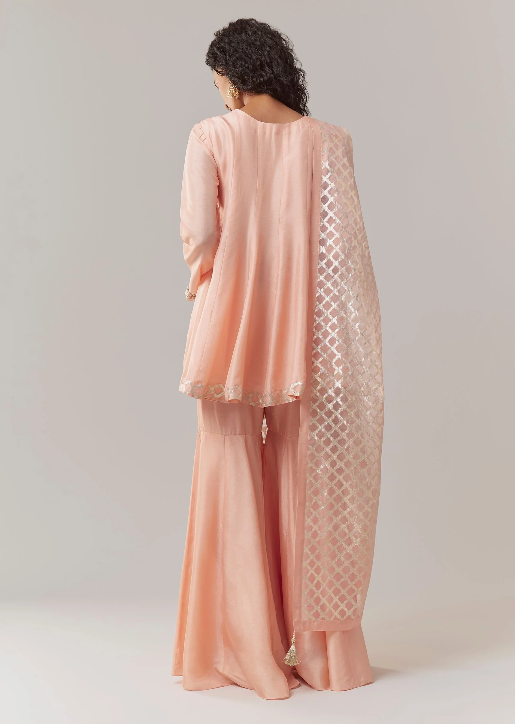 Pink Silk Sequin Work Kurta Sharara Set - Image 5