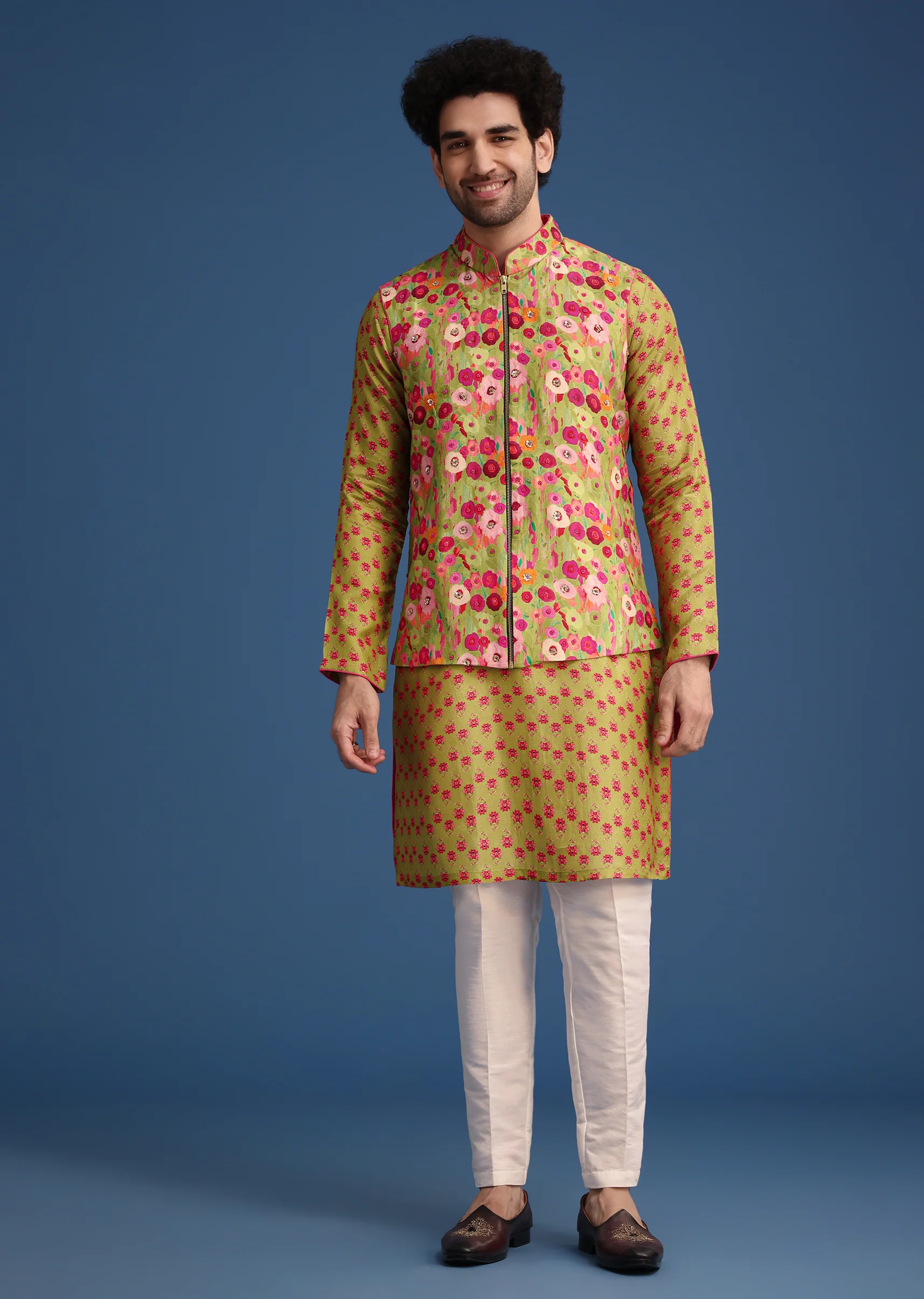 Green Silk Surreal Printed Kurta Jacket Set - Image 4