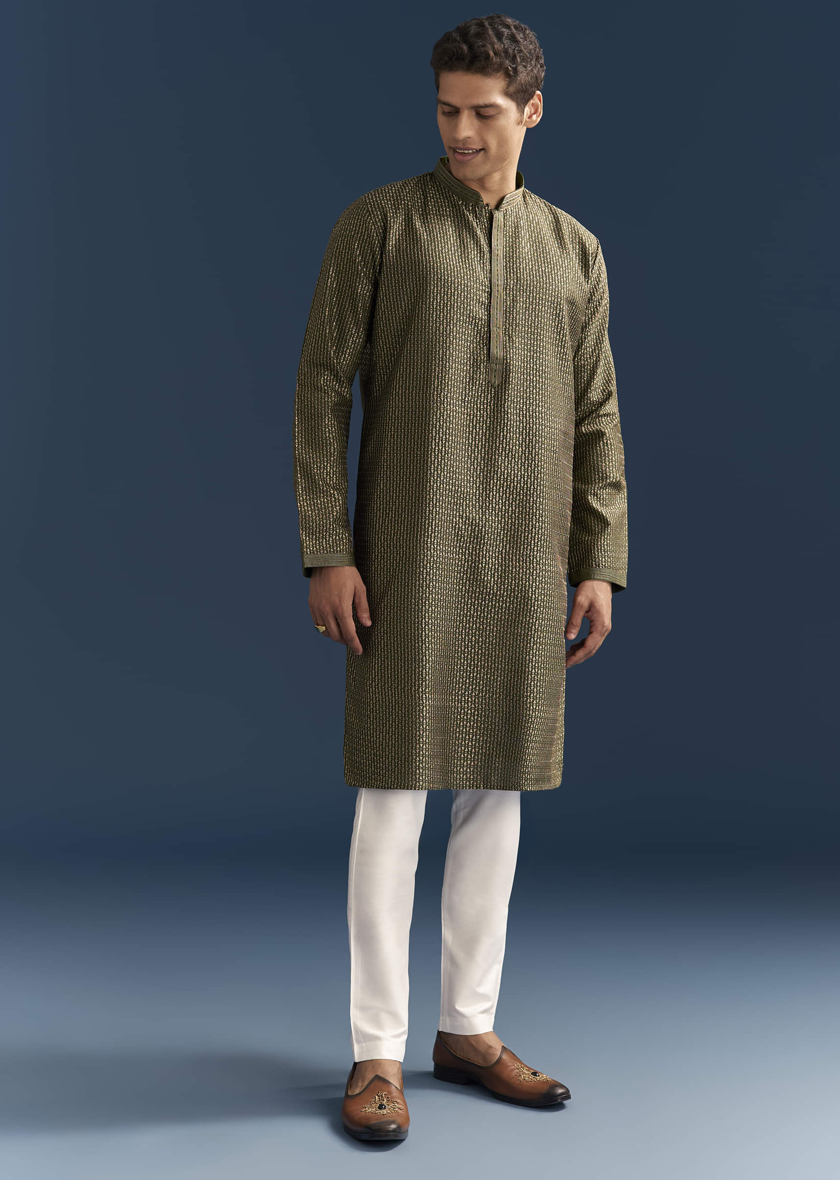 Green Silk Textured Kurta Set For Men With Embroidery - Image 2