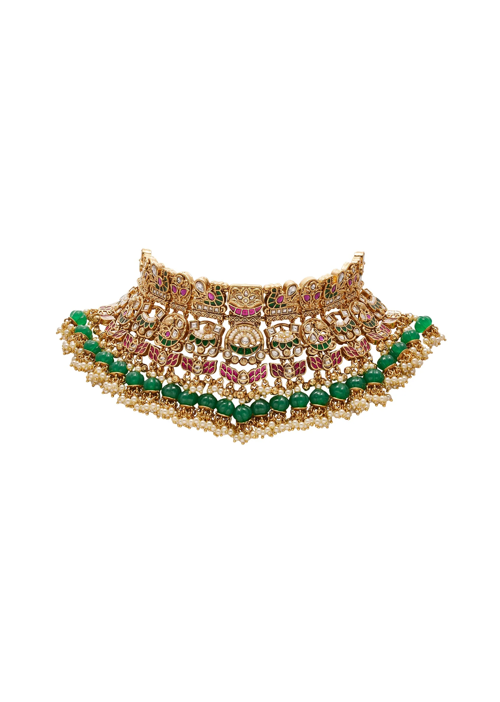 Green Stone And Pearl Bridal Kundan Choker Set - Image 2
