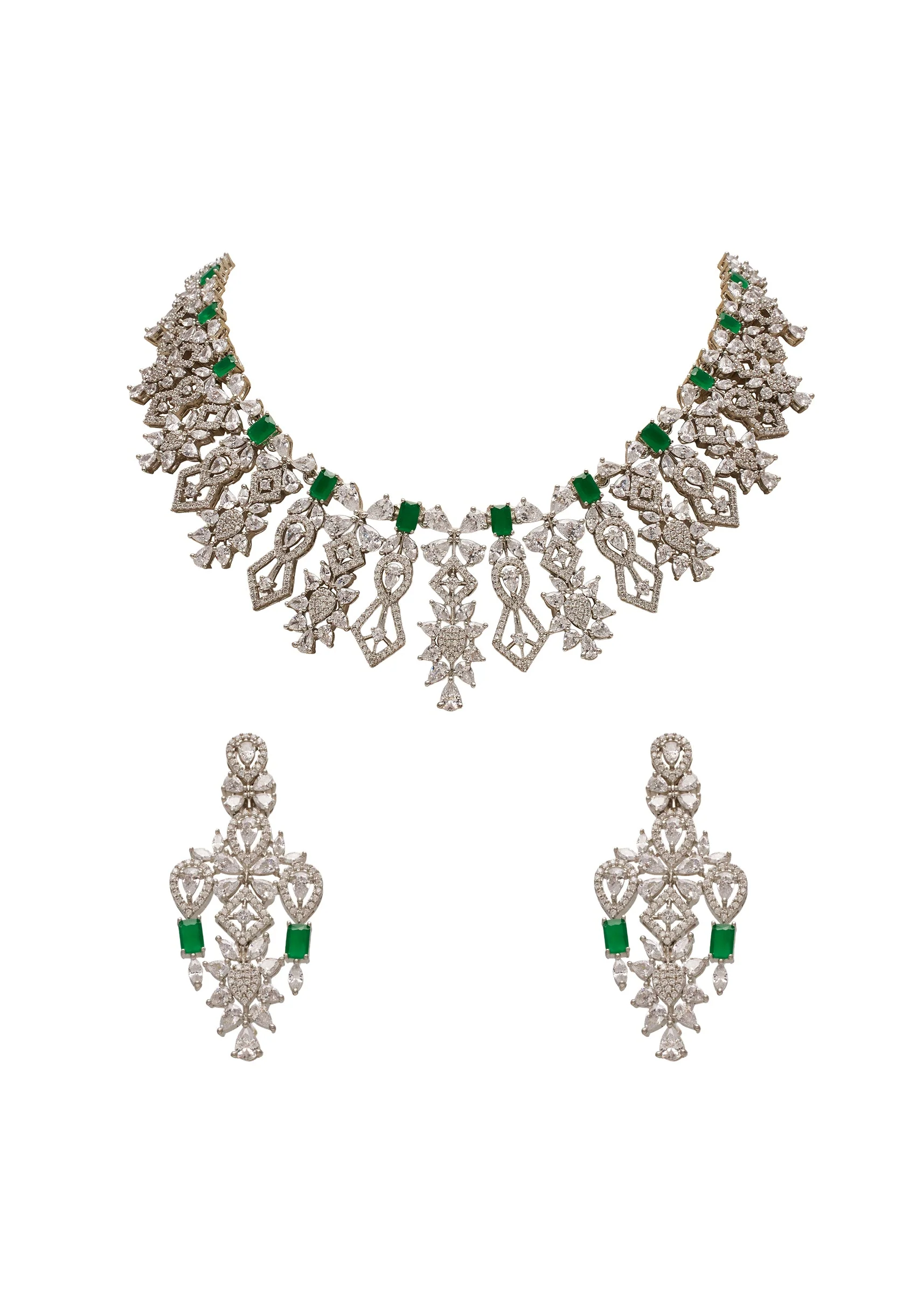 Green Stone Rhodium Necklace Set - Image 2