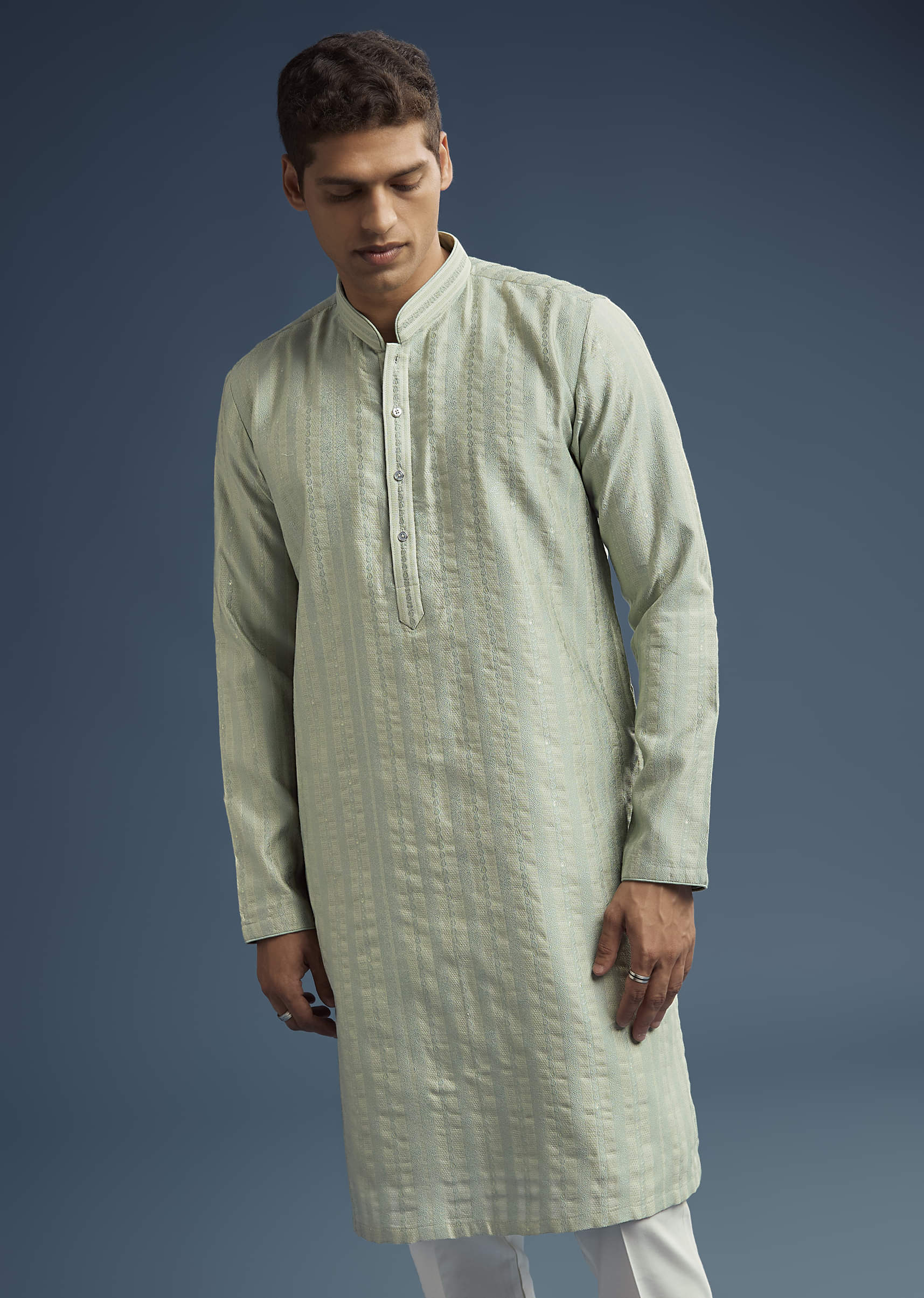 Green Textured Jacquard Kurta Set For Men - Image 3