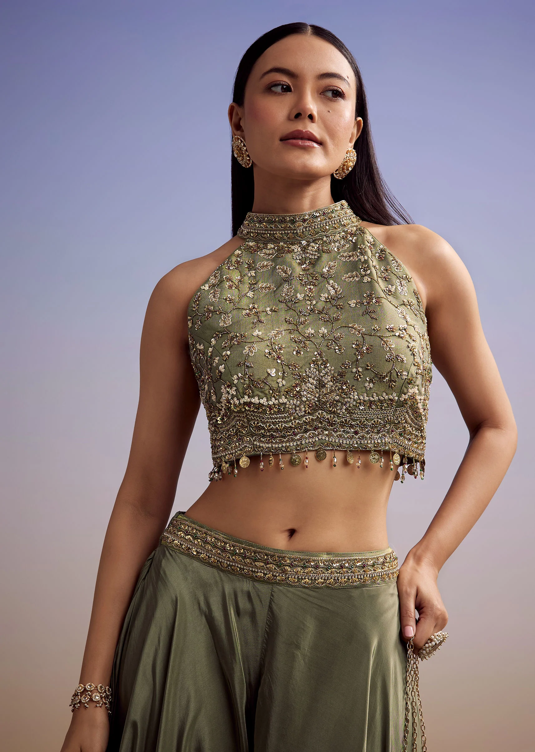 Green Tissue Crop Top Set With Embroidery - Image 4