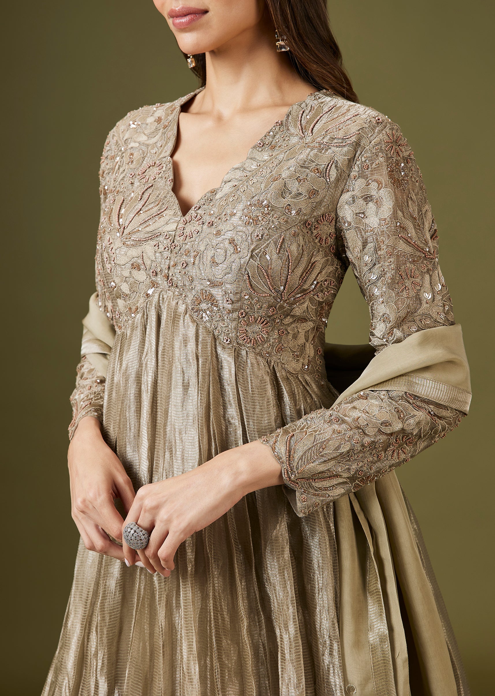 Green Tissue Embellished Anarkali Set With Dupatta - Image 2