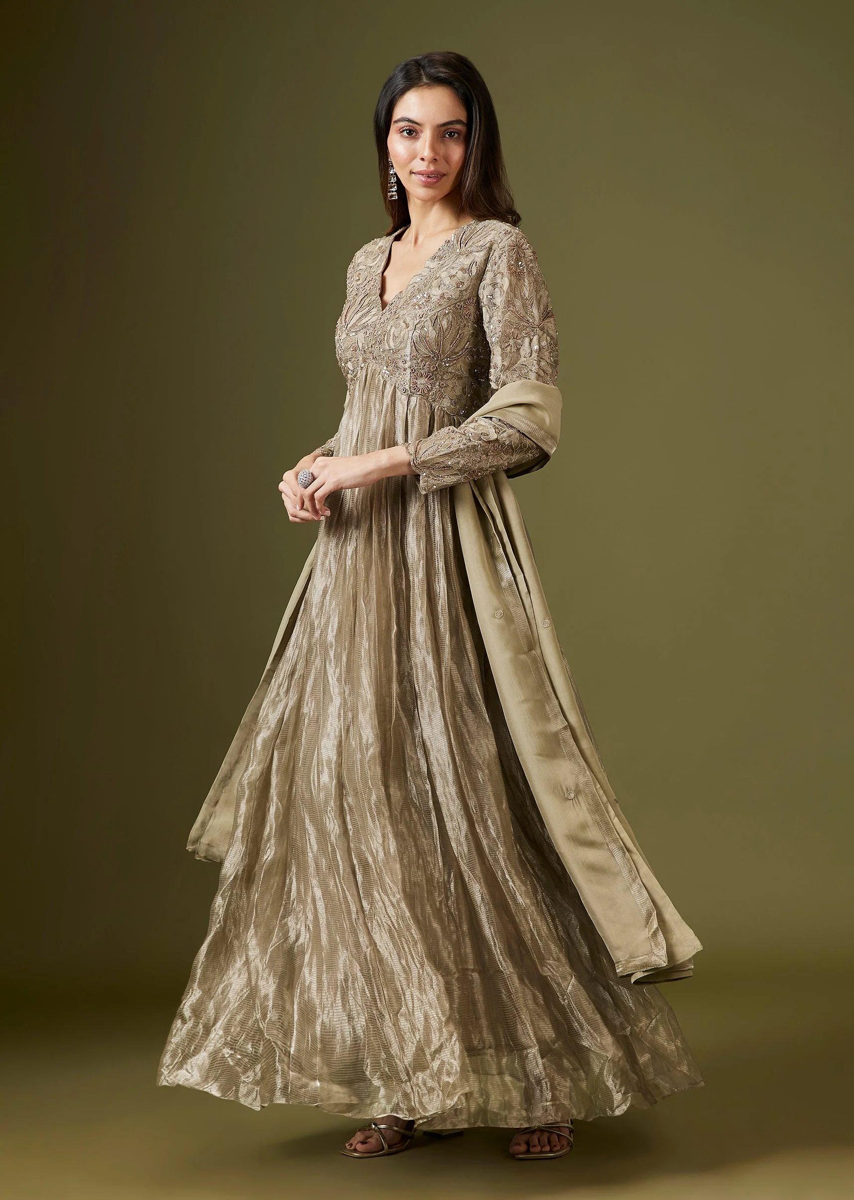 Green Tissue Embellished Anarkali Set With Dupatta - Image 3