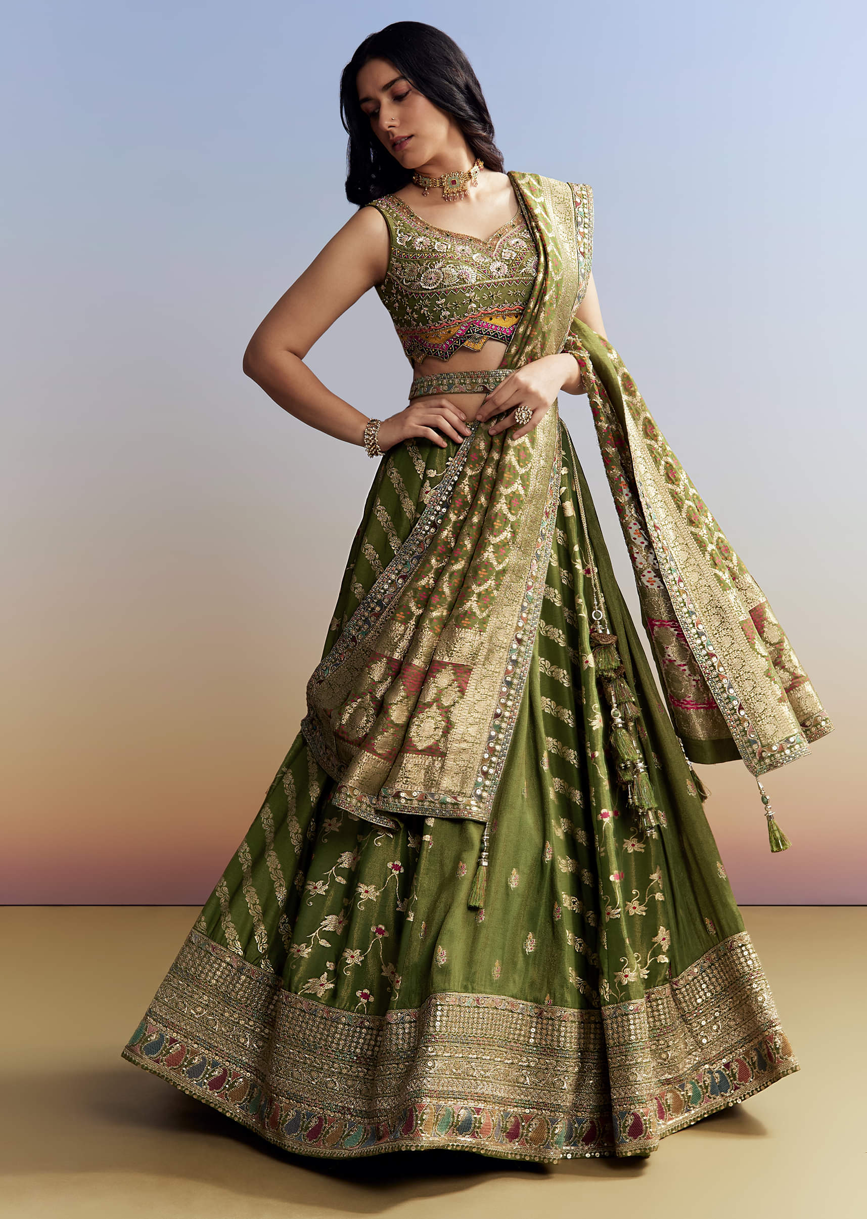 Green Tissue Embroidered Bridesmaid Lehenga - Image 3