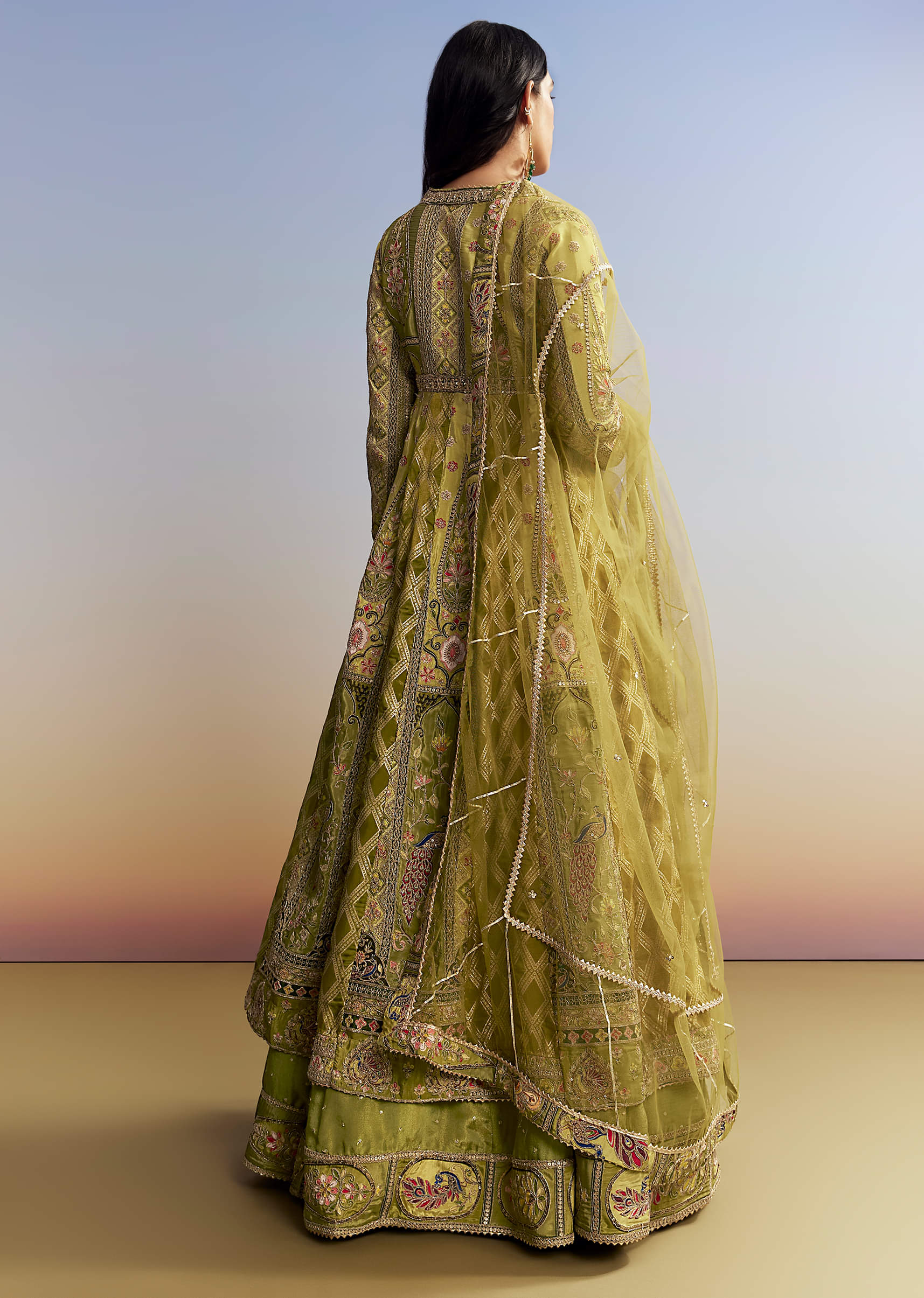 Green Tissue Kurta Lehenga Set - Image 5