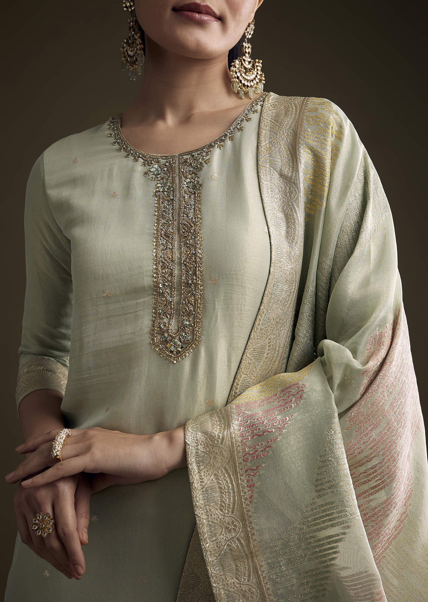 Green Tissue Kurta Set With Cutdana And Sequins Embroidery - Image 2