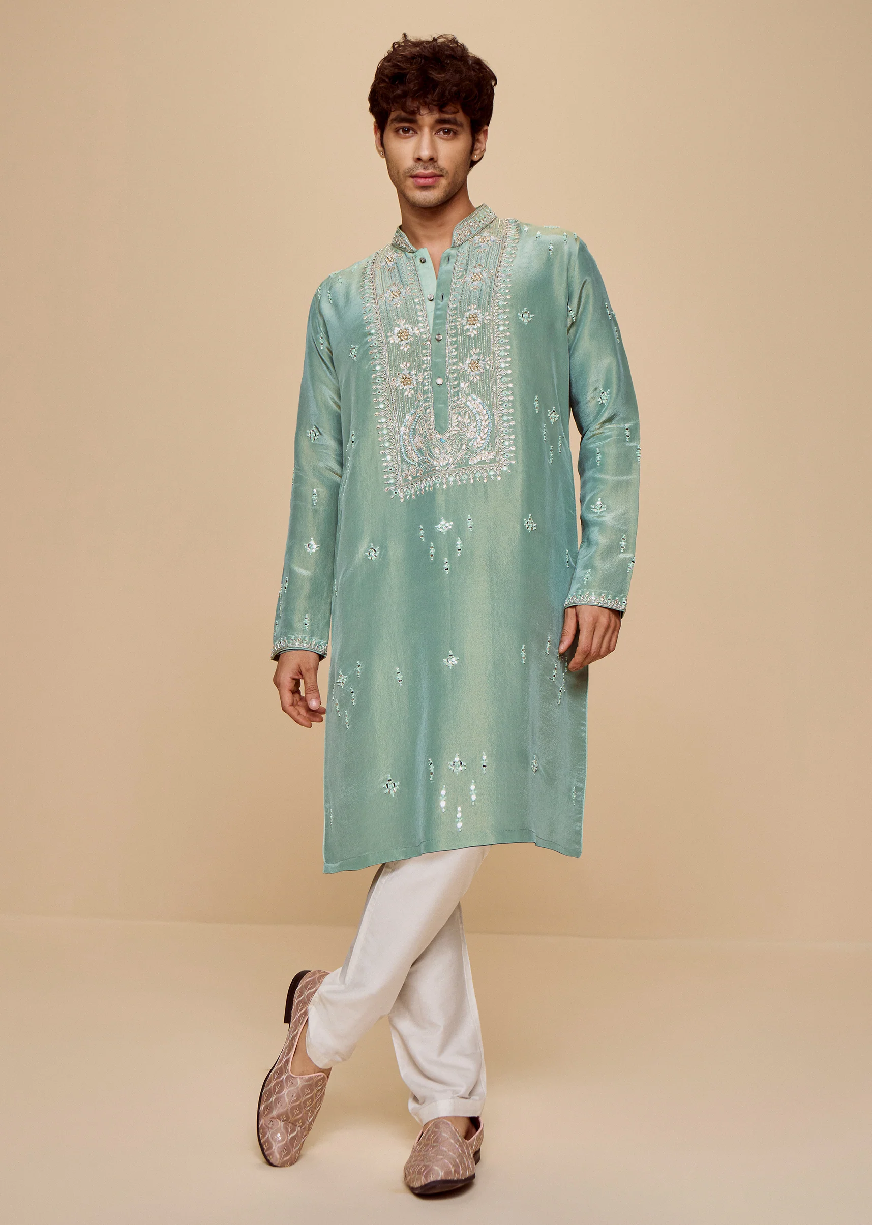 Green Tissue Kurta Set With Cutdana Yoke - Image 7
