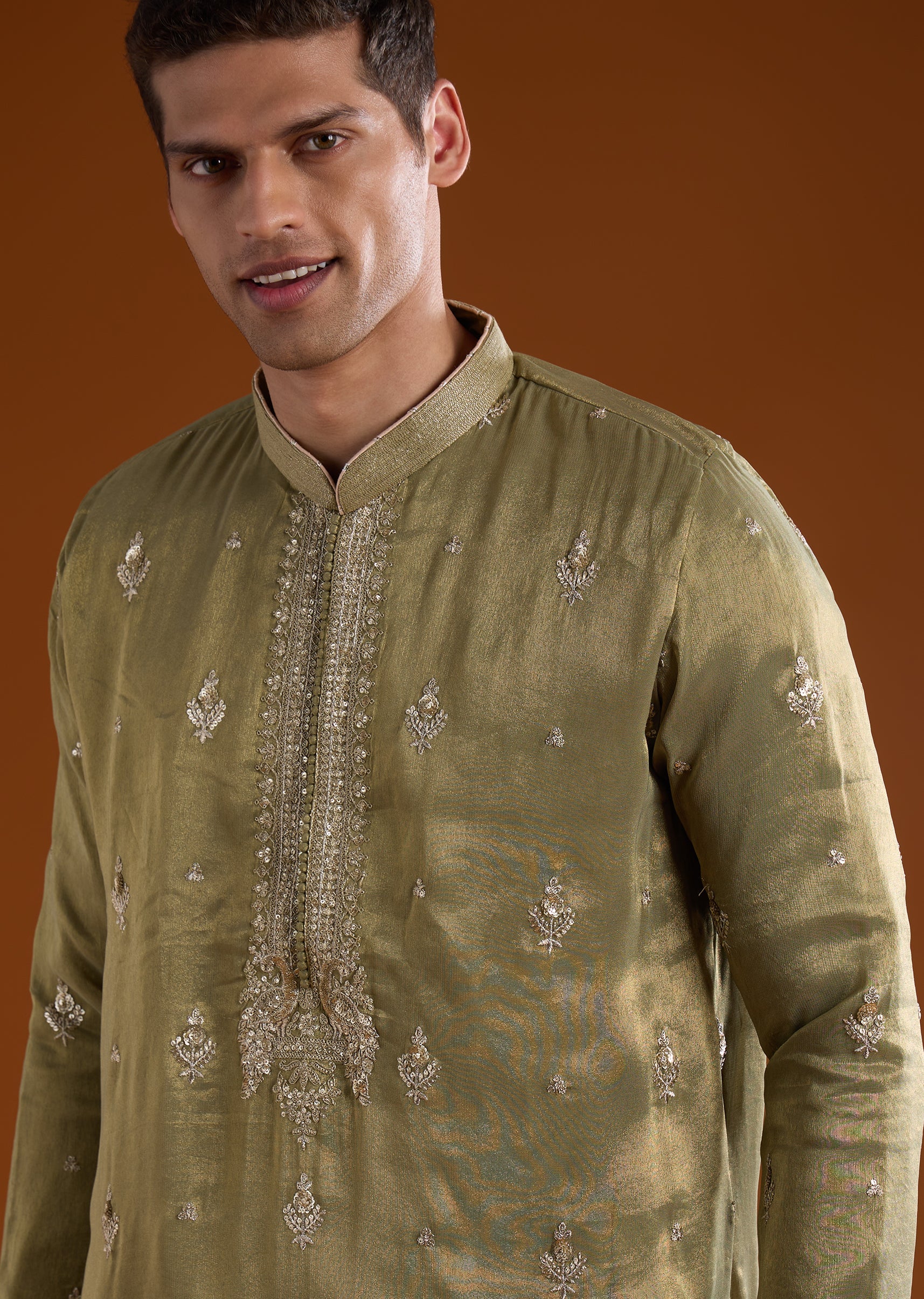 Green Tissue Mens Kurta Set With Thread Sequins And Zardosi Work