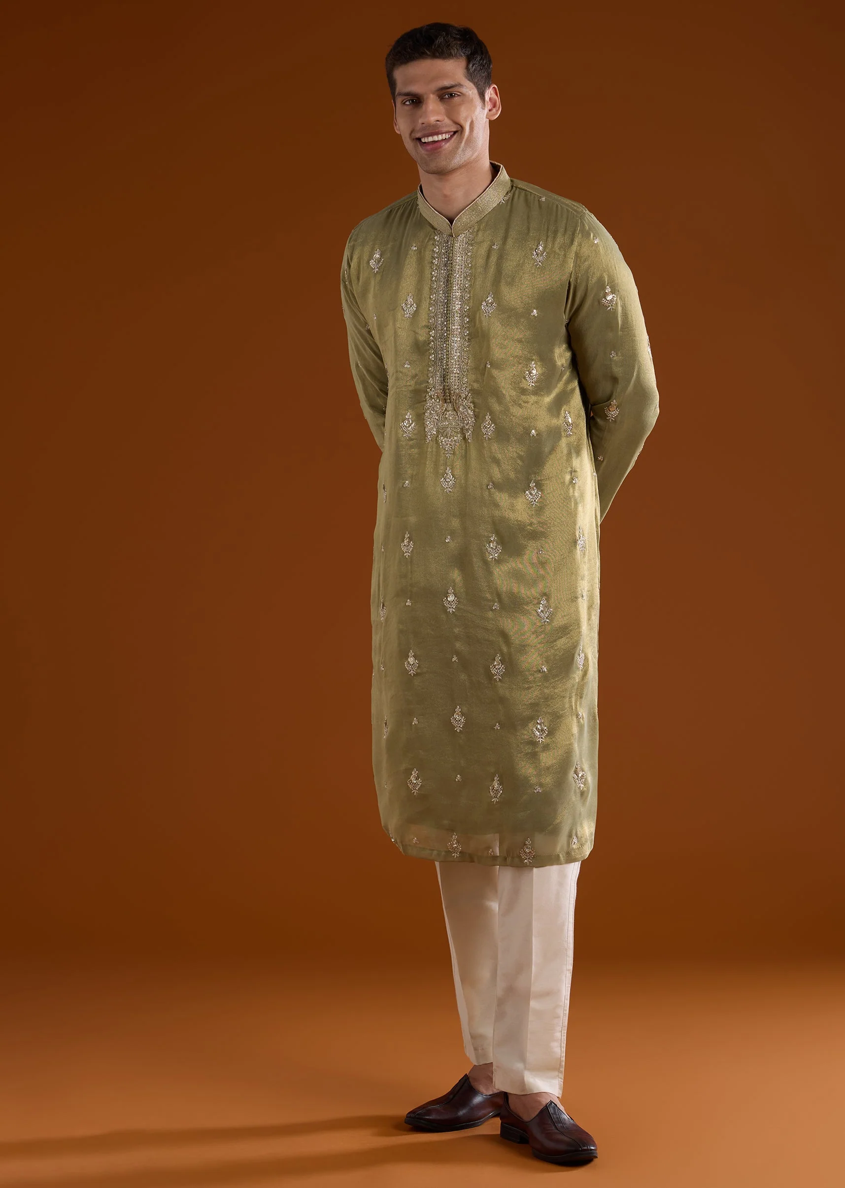 Green Tissue Mens Kurta Set With Thread Sequins And Zardosi Work - Image 3