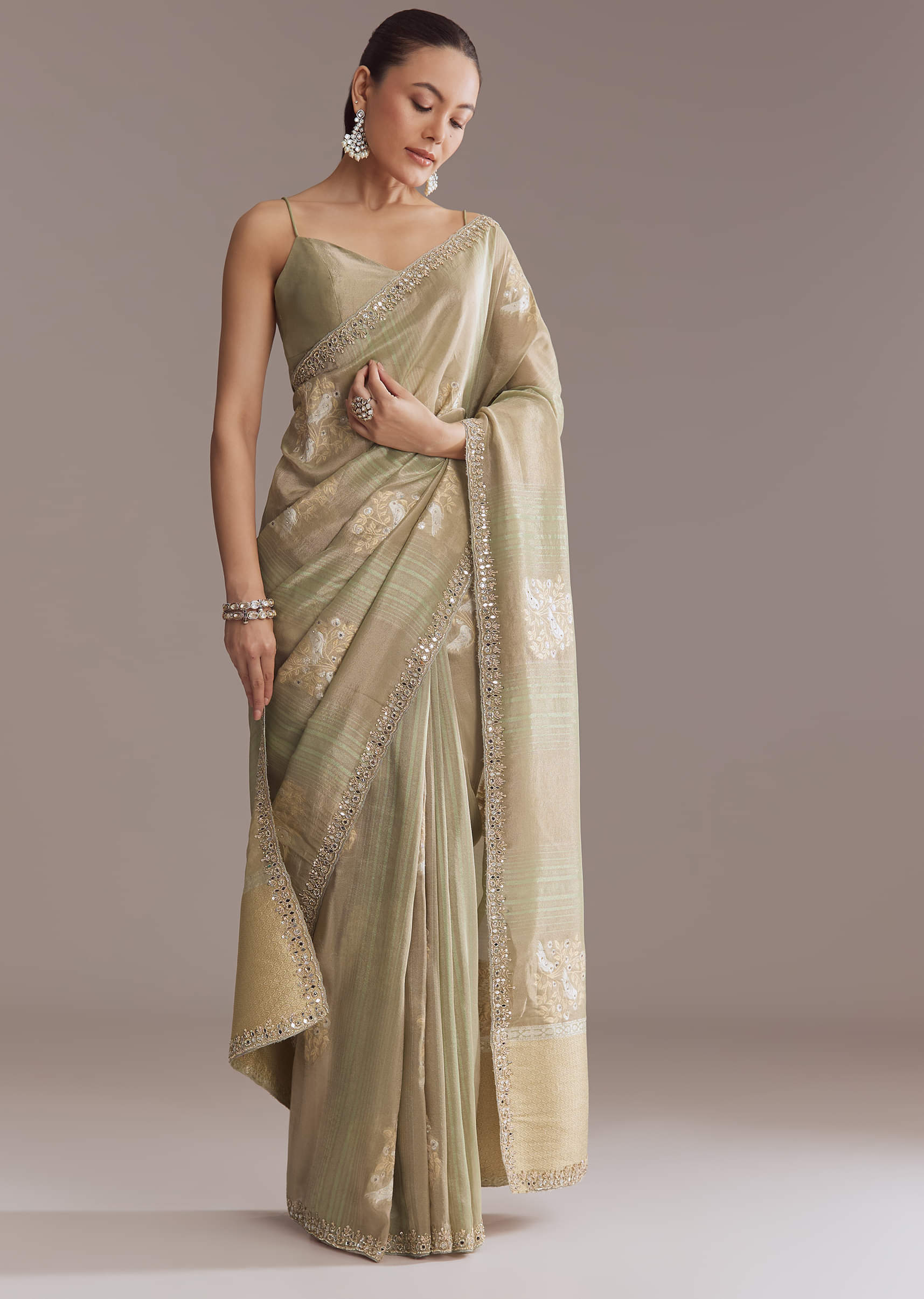 Green Tissue Saree With Mirror And Bead Embroidery - Image 2