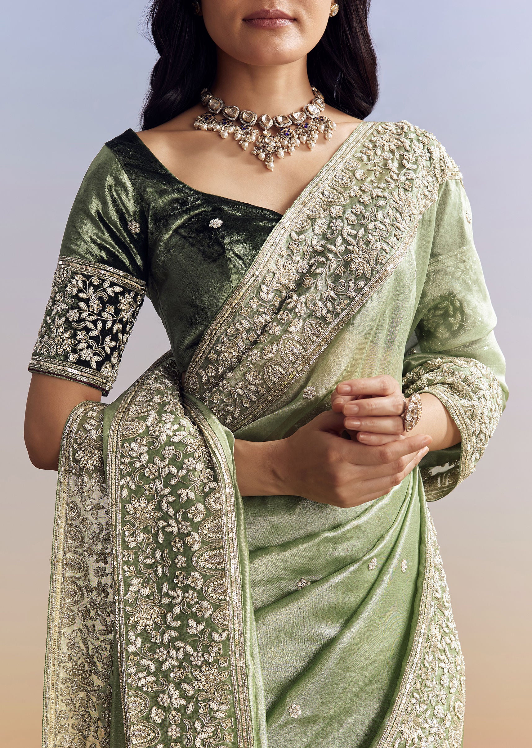 Green Tissue Saree With Velvet Blouse And Richly Embroidered Borders - Image 2