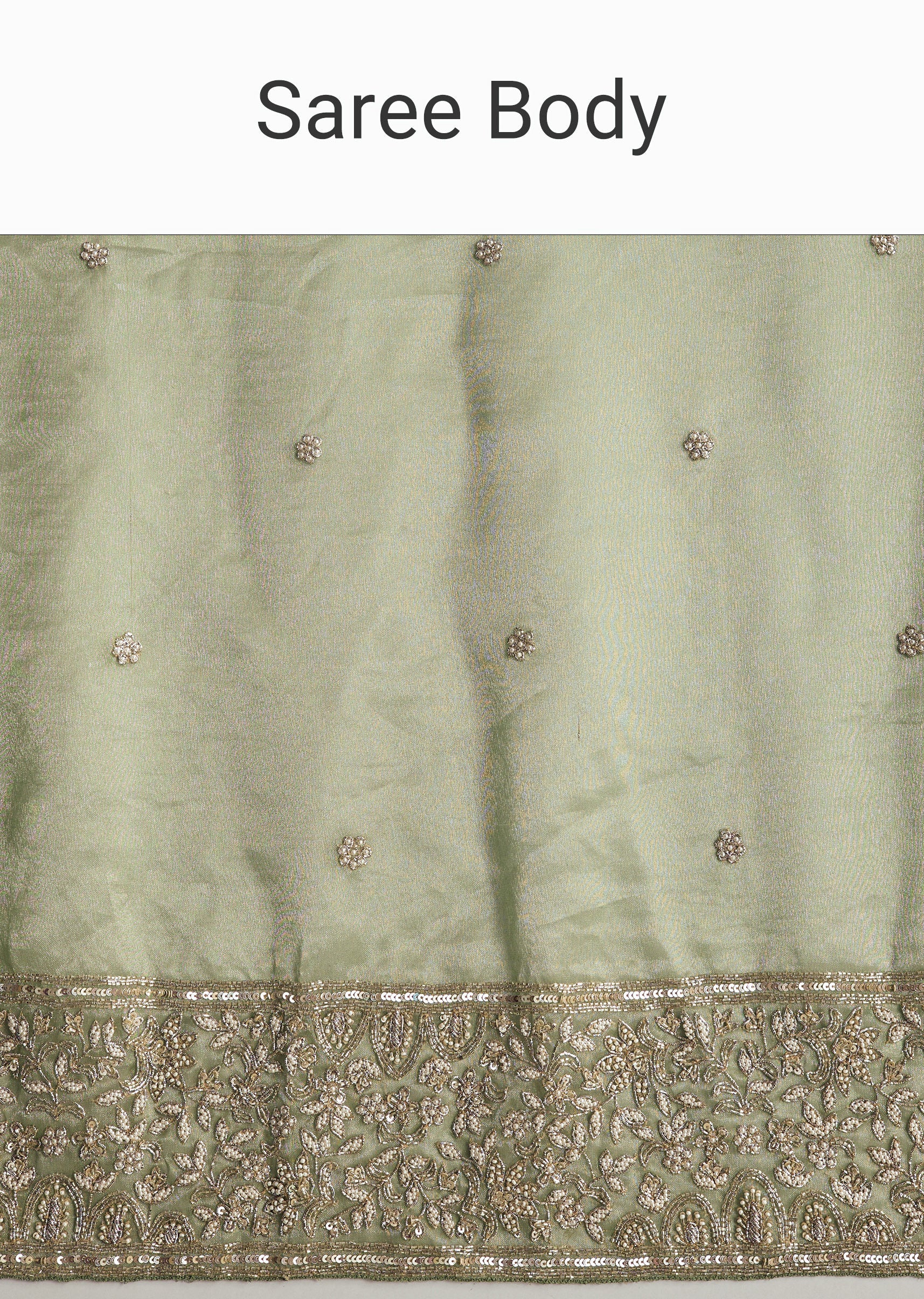 Green Tissue Saree With Velvet Blouse And Richly Embroidered Borders - Image 9