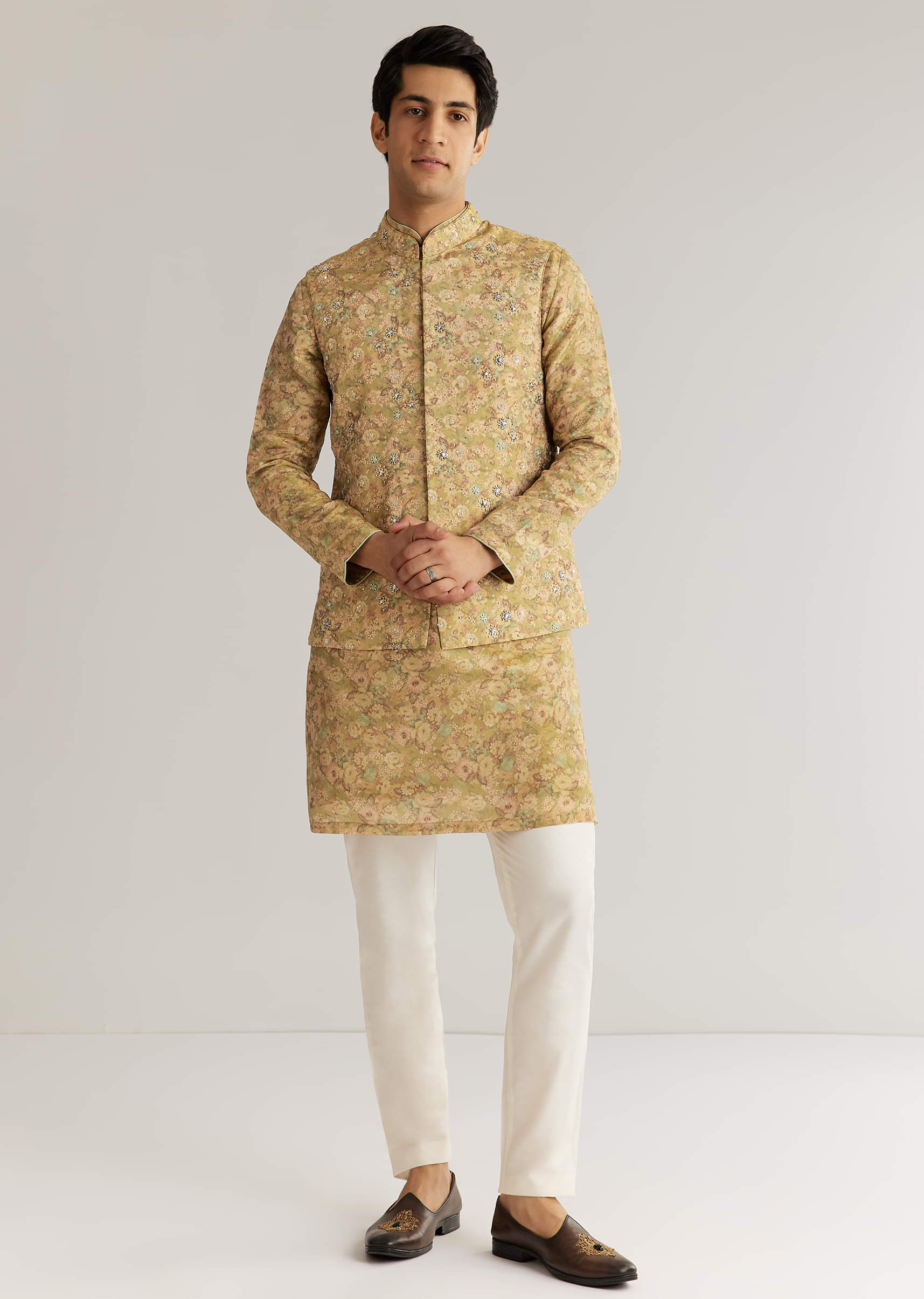 Green Tissue Stone Sequins Kurta Jacket Set - Image 2