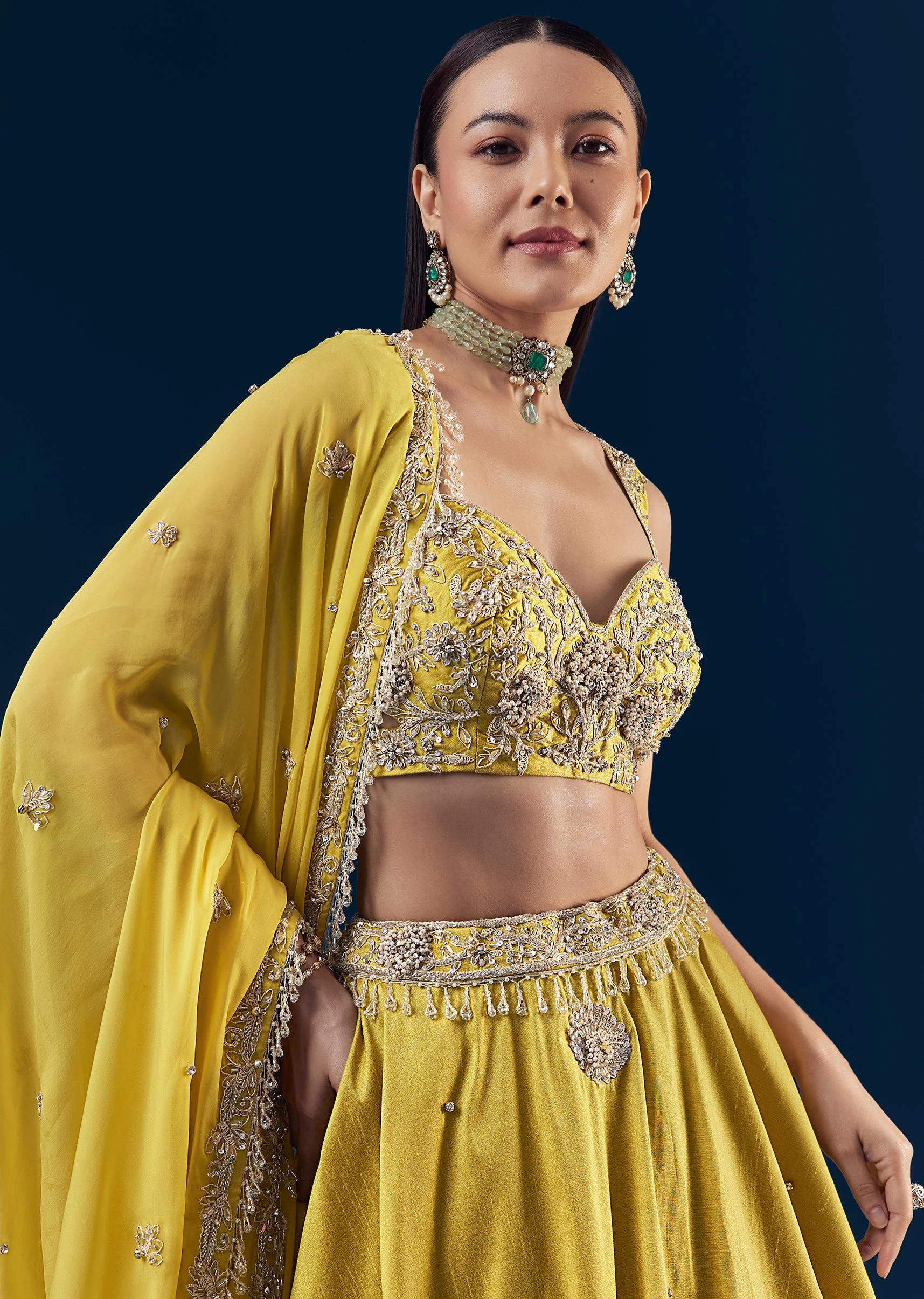 Green Tusser Silk Bridesmaid Lehenga Set with Hand Embroidery - Image 3