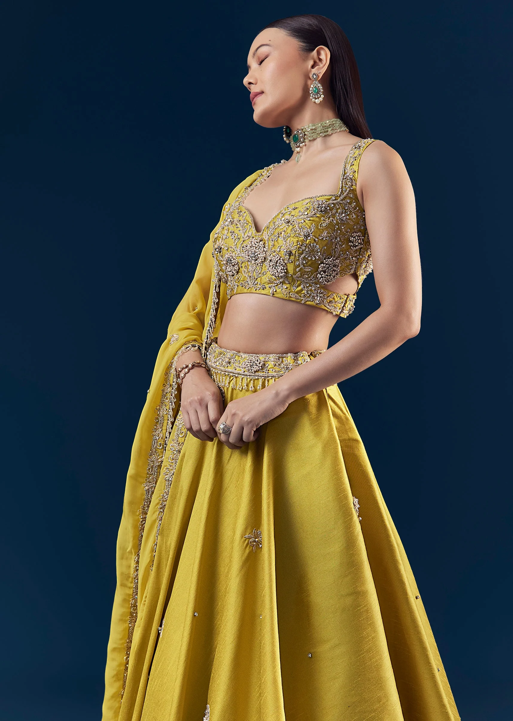 Green Tusser Silk Bridesmaid Lehenga Set with Hand Embroidery - Image 5