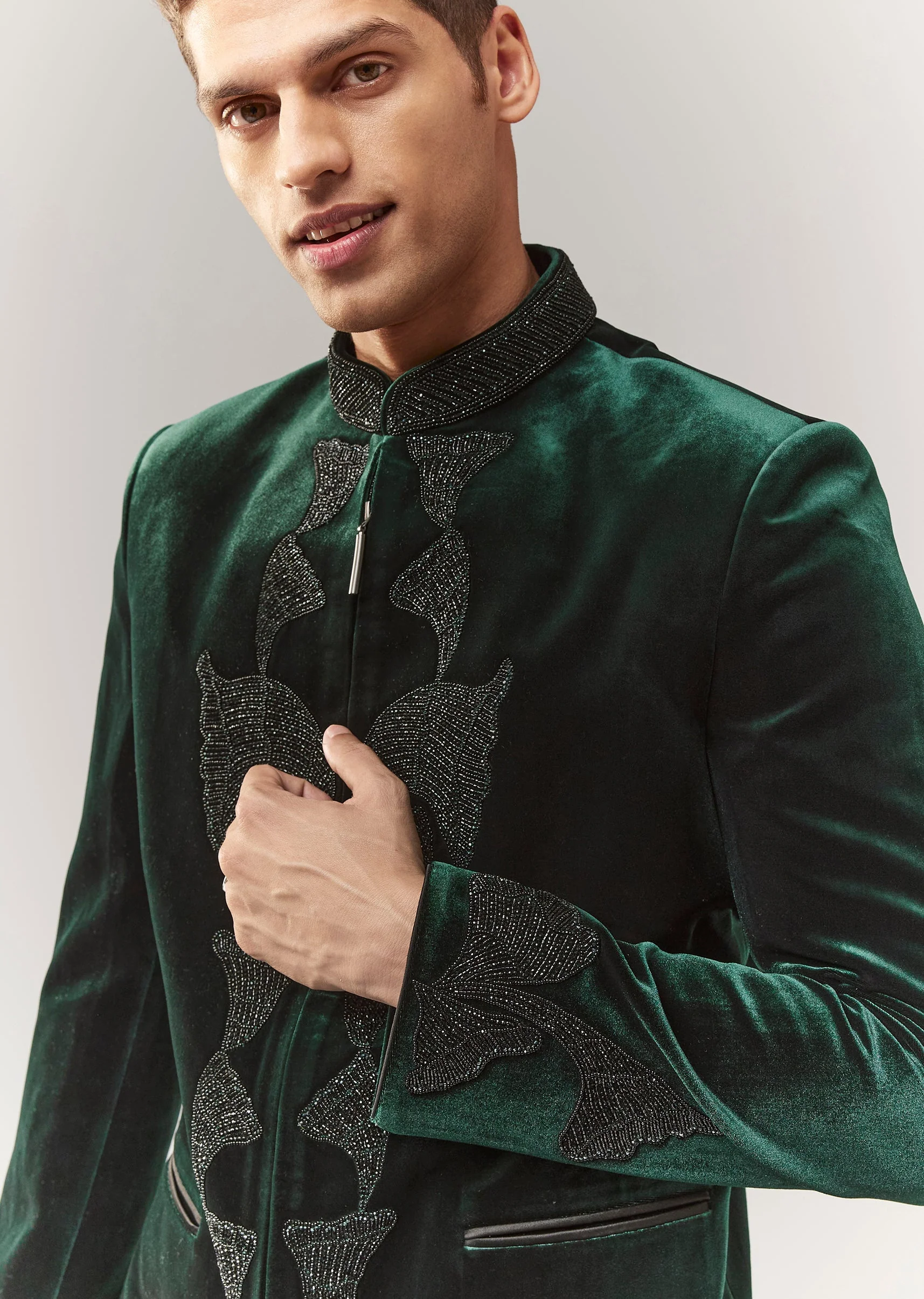 Green Velvet Jodhpuri With Cutdana Work - Image 2