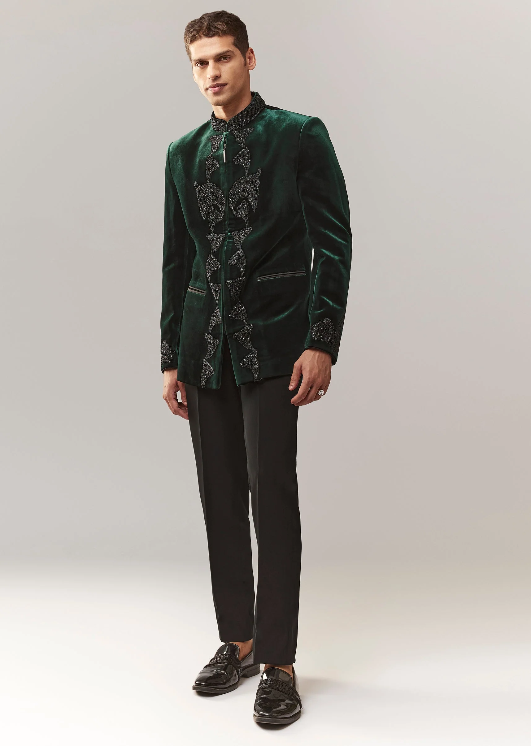 Green Velvet Jodhpuri With Cutdana Work - Image 3
