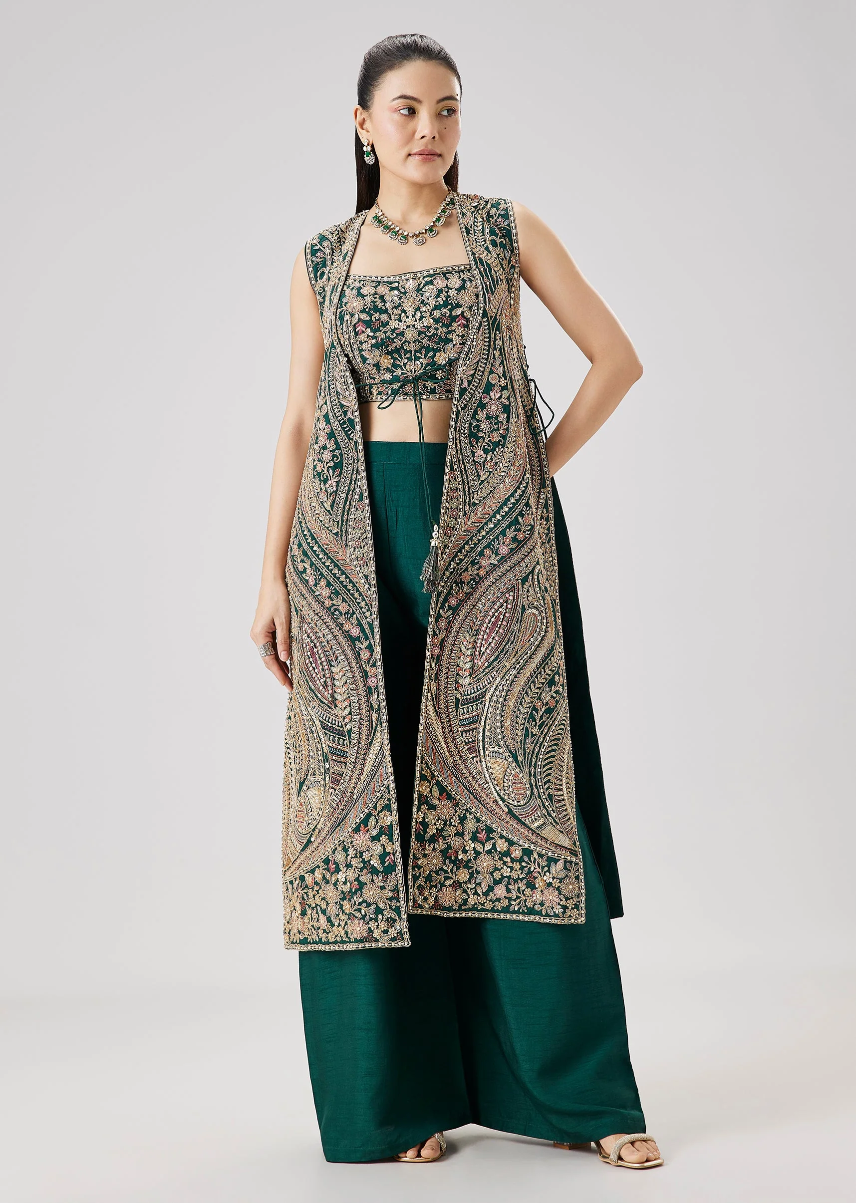 Green Zari And Resham Embroidered Crop Top Palazzo Set With Jacket