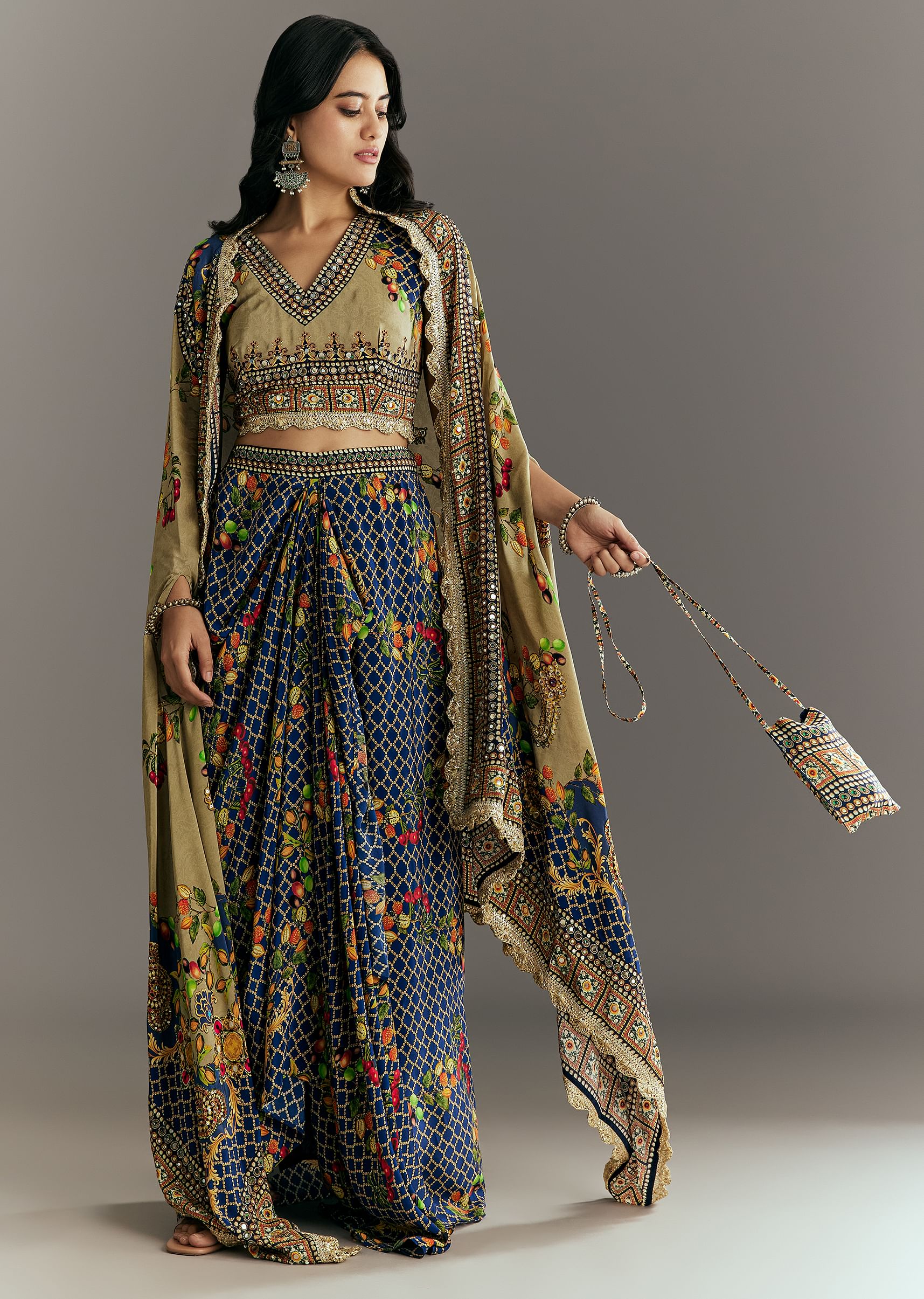 Greenish Beige Muslin Embroidered Croptop With Printed Skirt And Cape - Image 3