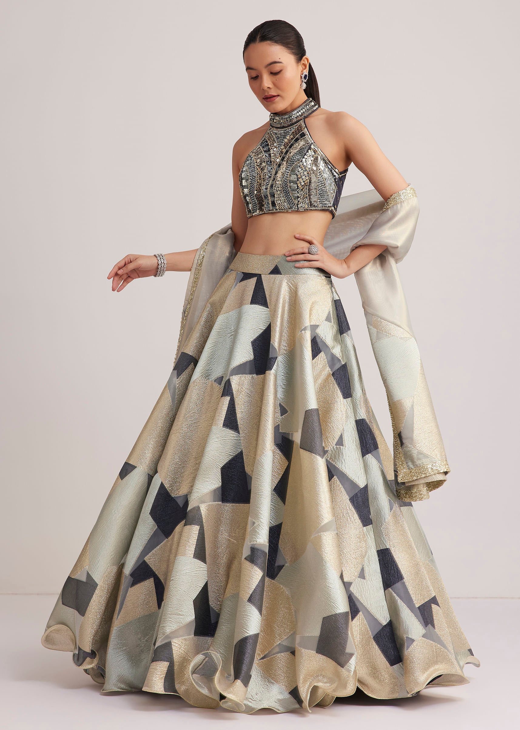 Grey And Gold Net Embroidered Lehenga Set - Image 3