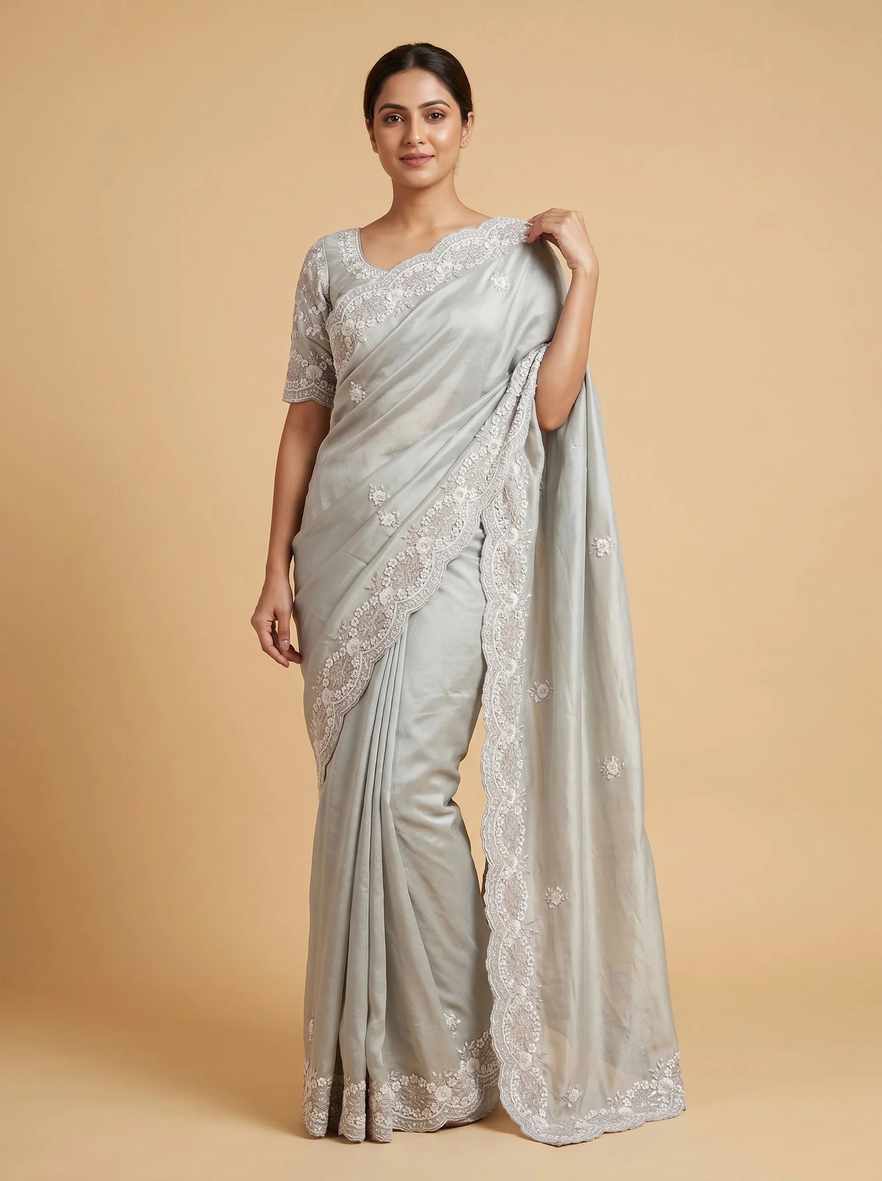 Grey Ash Veil Embroidered Saree