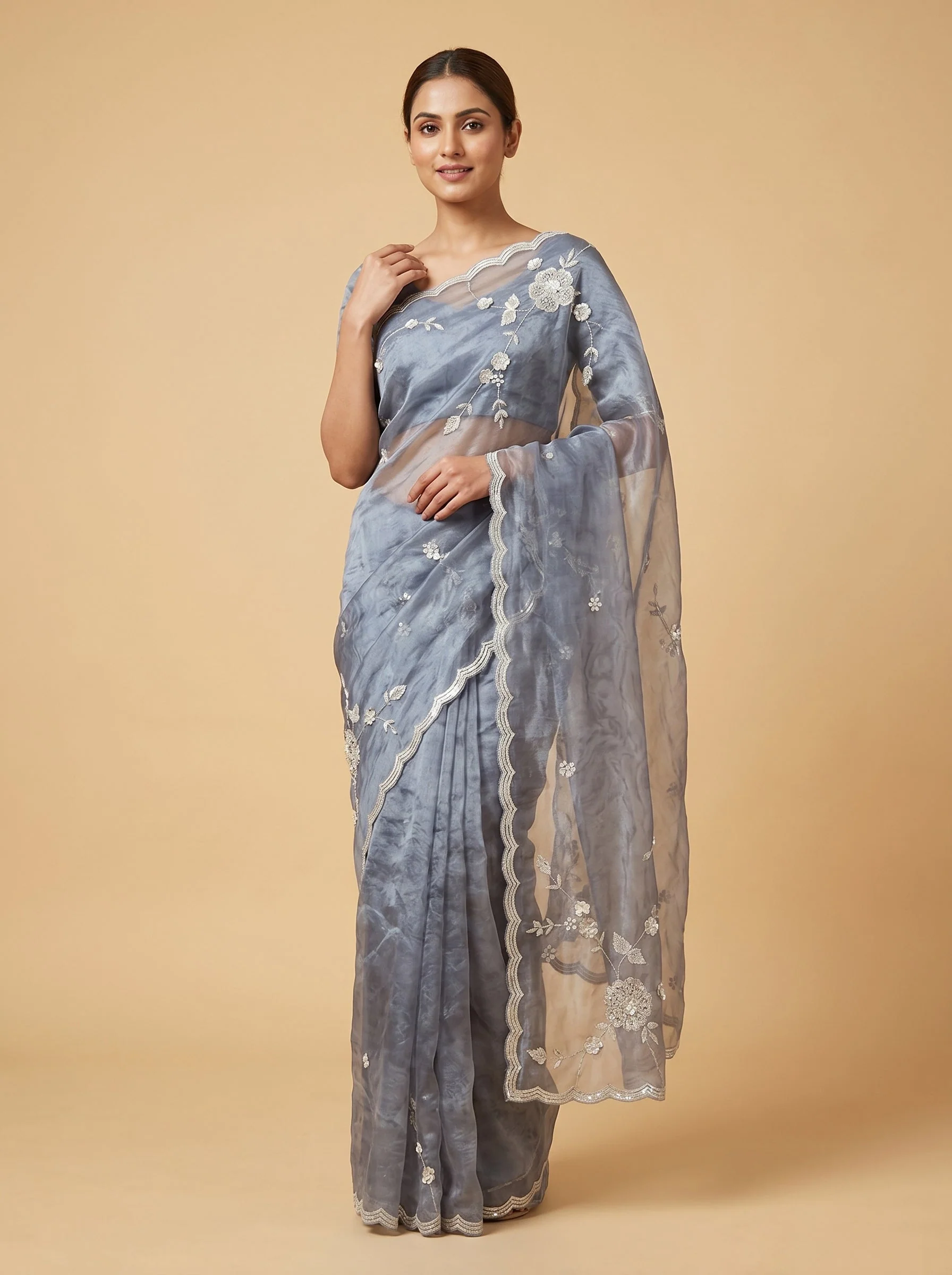 Grey Ashen Drape Embroidered Saree