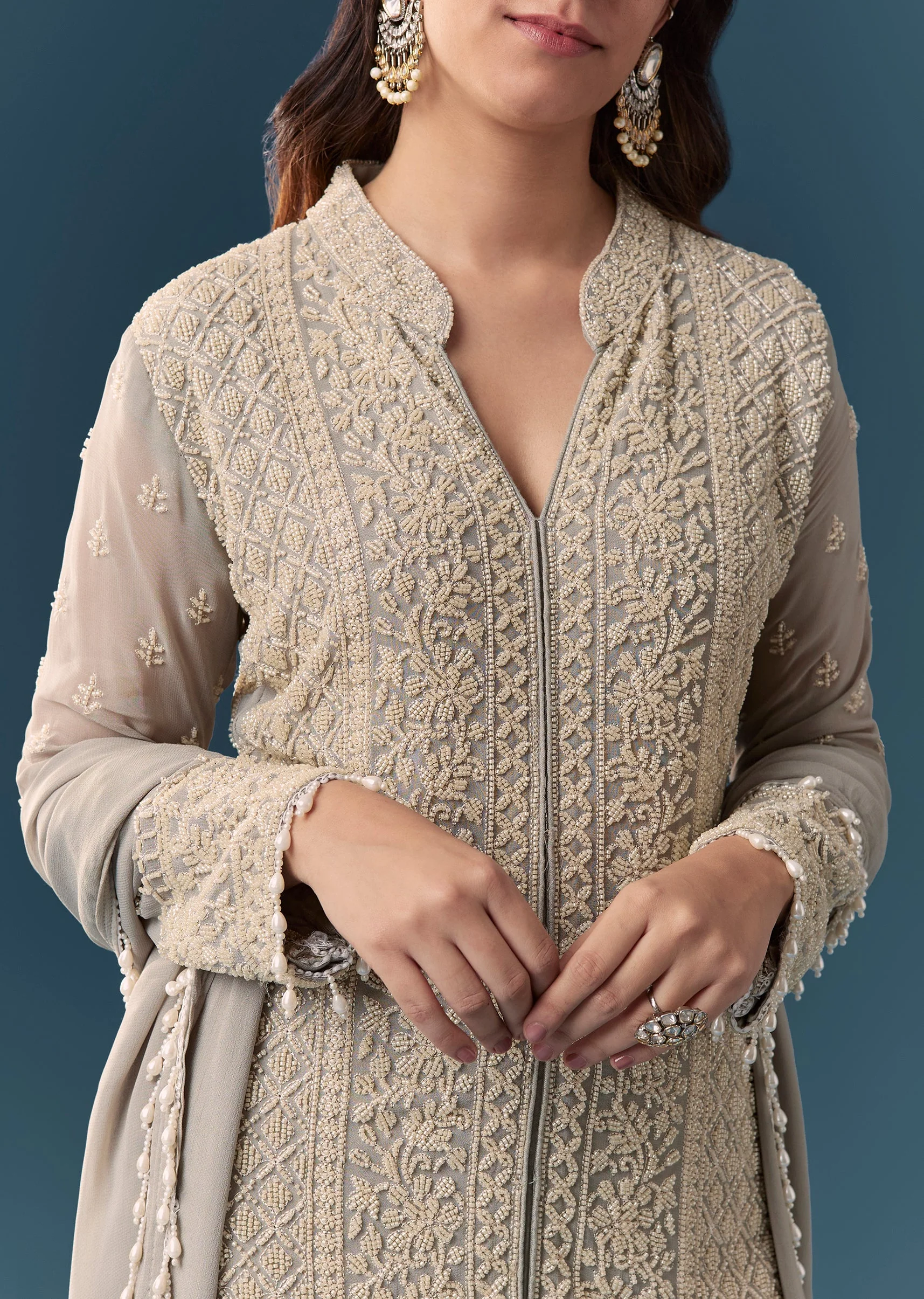 Grey Beaded Kurta Set With Pant And Dupatta - Image 2
