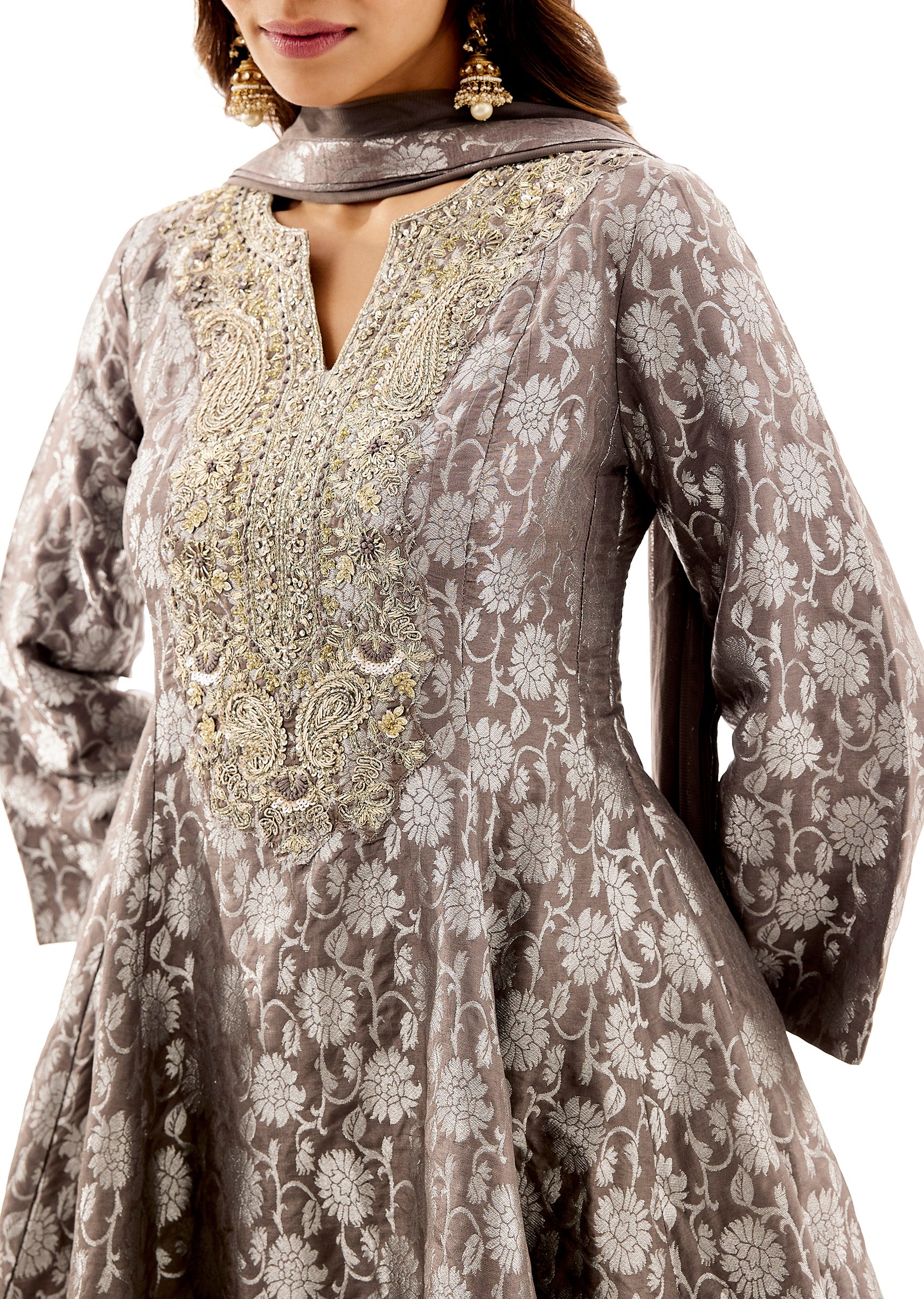Grey Brocade Embroidered Peplum Palazzo Dupatta Set - Image 2