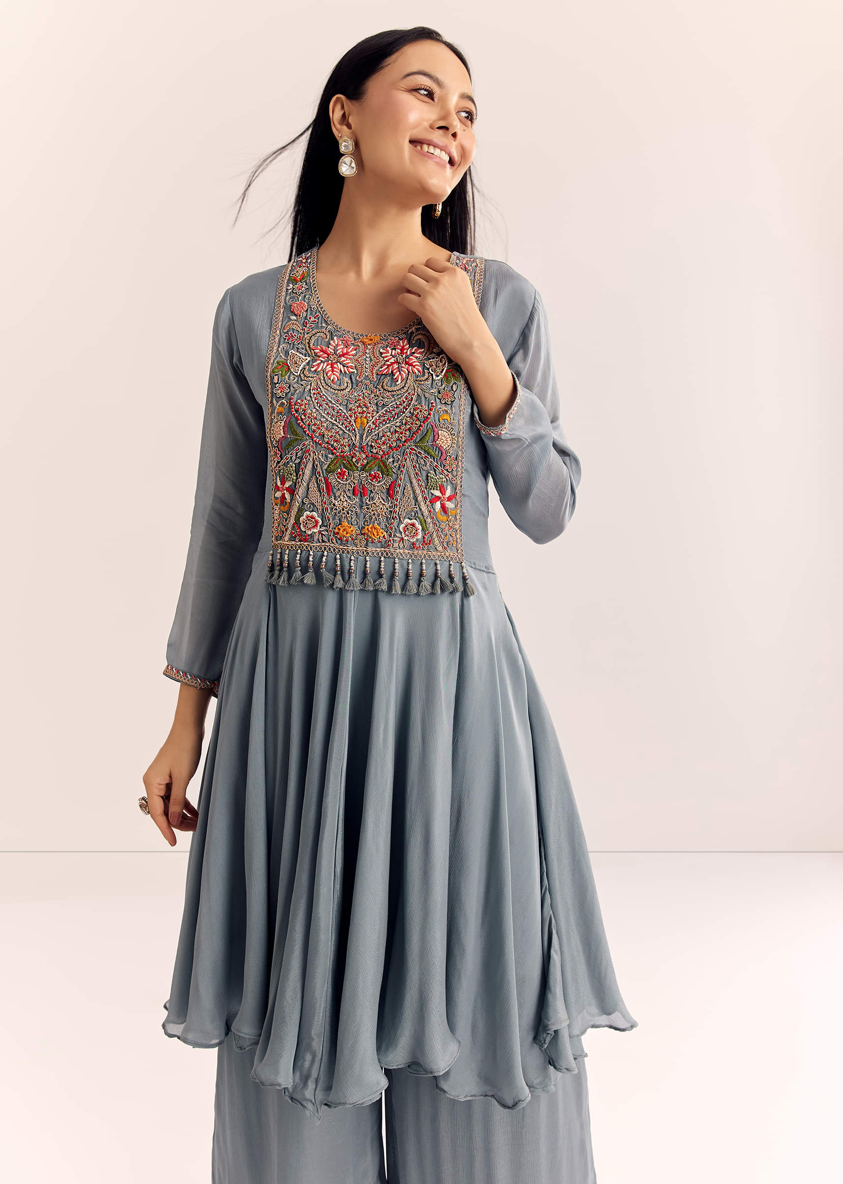Grey Chinon Zardosi Kurta Palazzo Suit