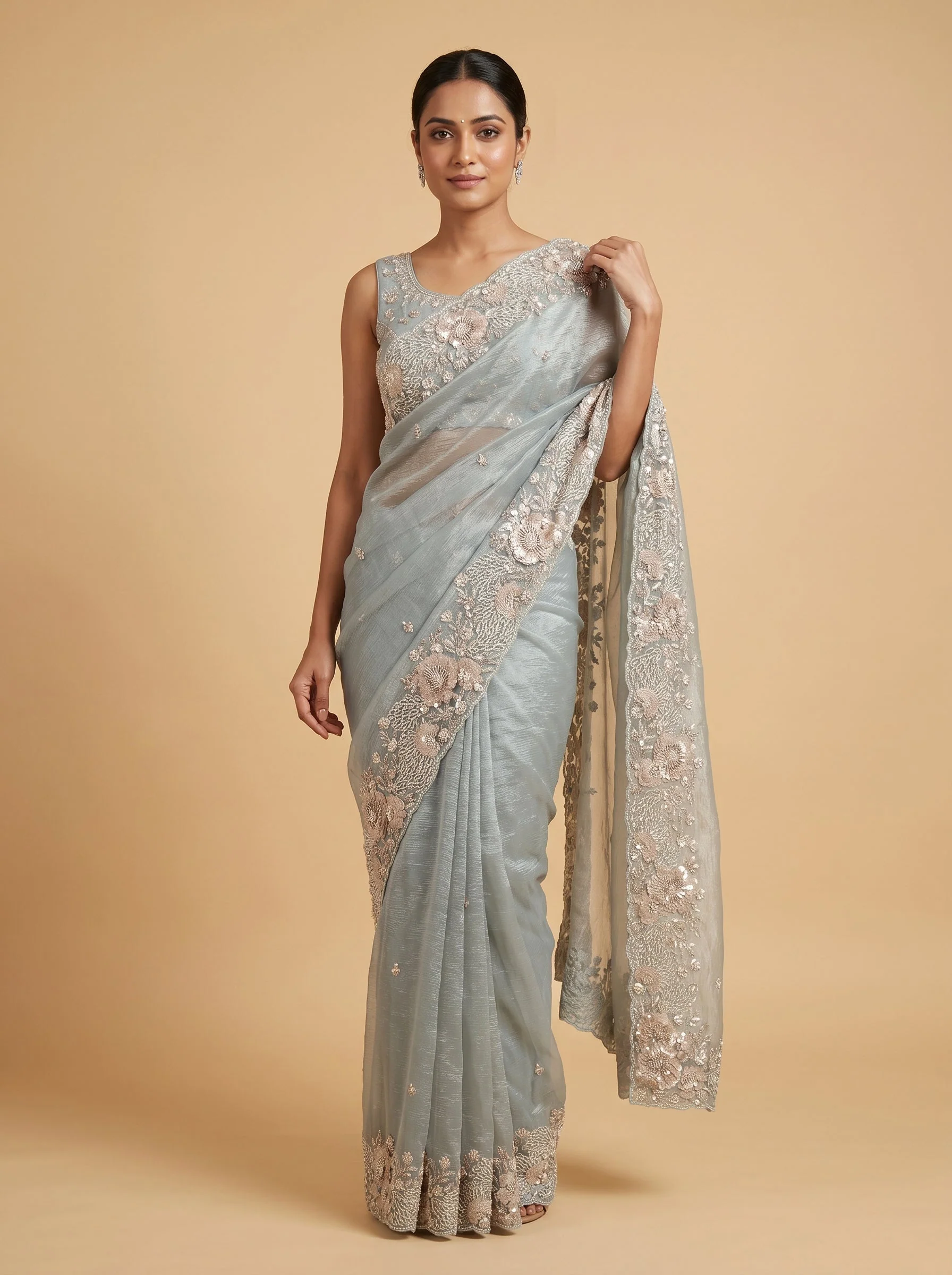 Grey Contemporary Embroidered Saree