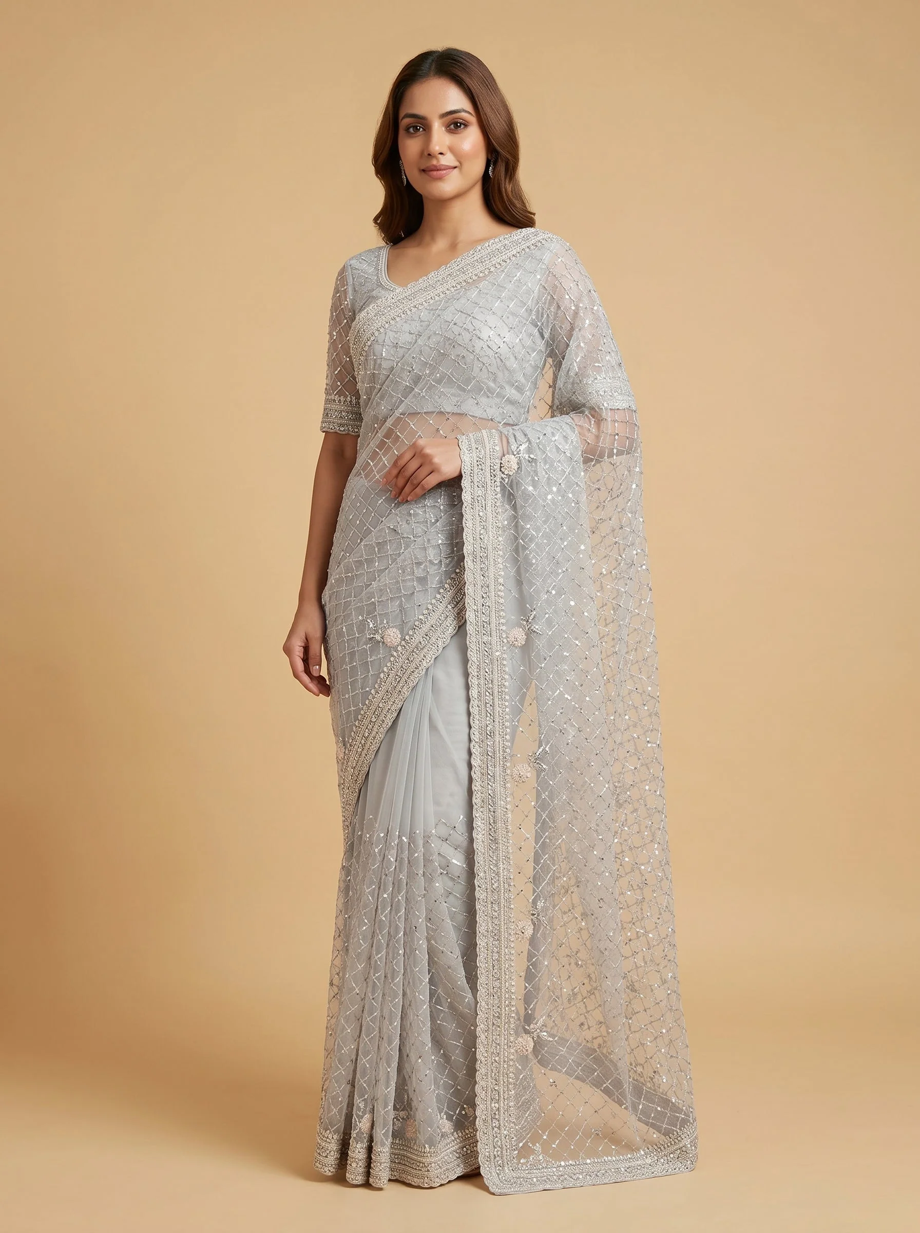 Grey Contemporary Touch Embroidered Saree